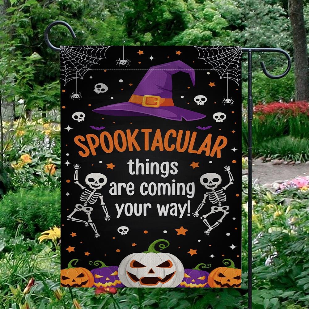 Spooktacular Halloween Garden Flag, Skeleton Pumpkin Yard Decor, Witch Hat Outdoor Banner, Funny Fall Spooky Yard Sign, Home Decor Halloween