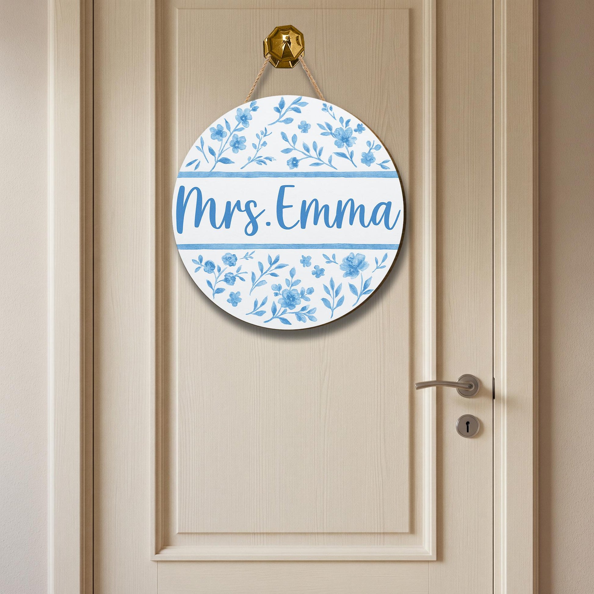Custom Floral Door Sign – Personalized Teacher Name Sign – Blue Chinoiserie Classroom Decor – Round Hanging Sign for Office or Home