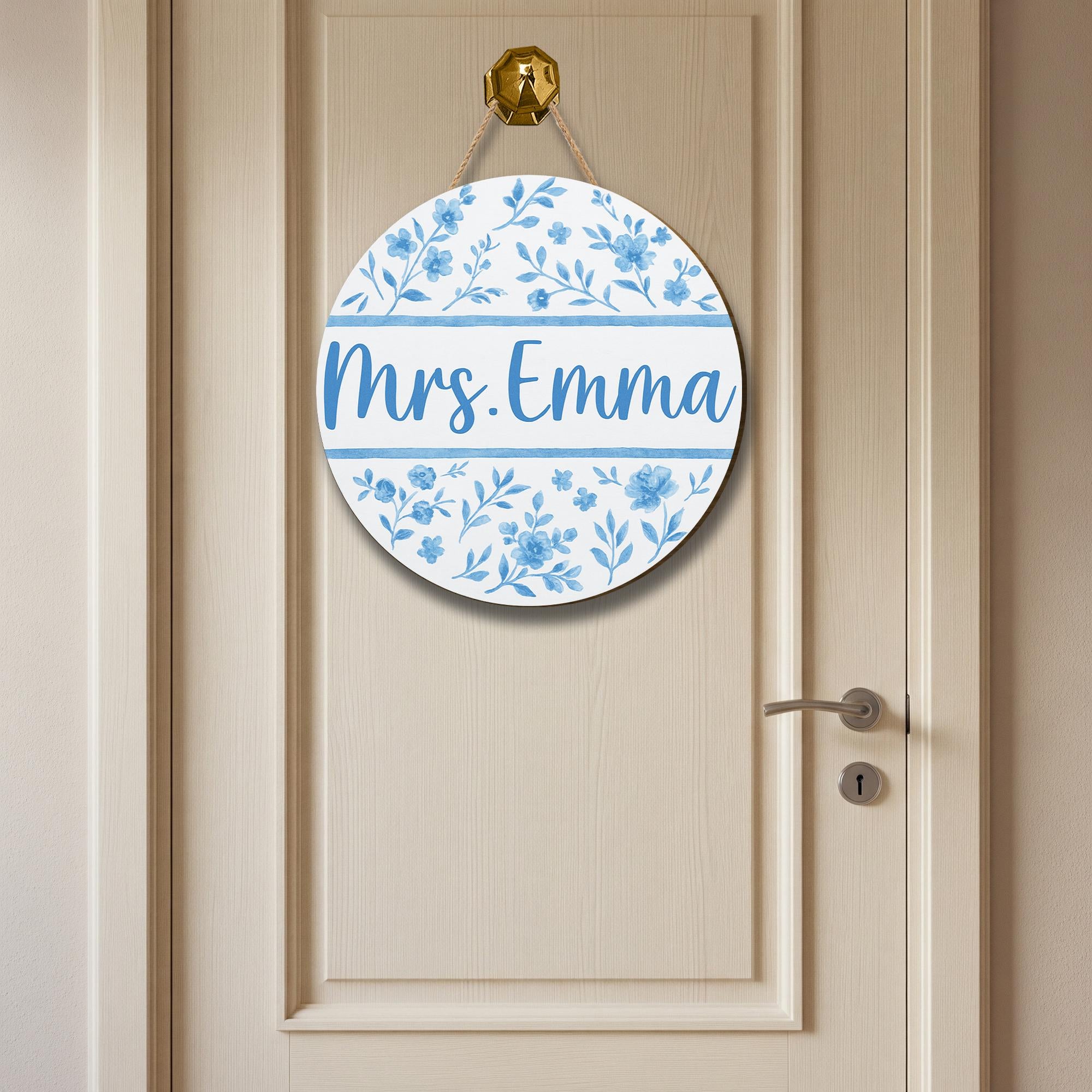 Custom Floral Door Sign – Personalized Teacher Name Sign – Blue Chinoiserie Classroom Decor – Round Hanging Sign for Office or Home