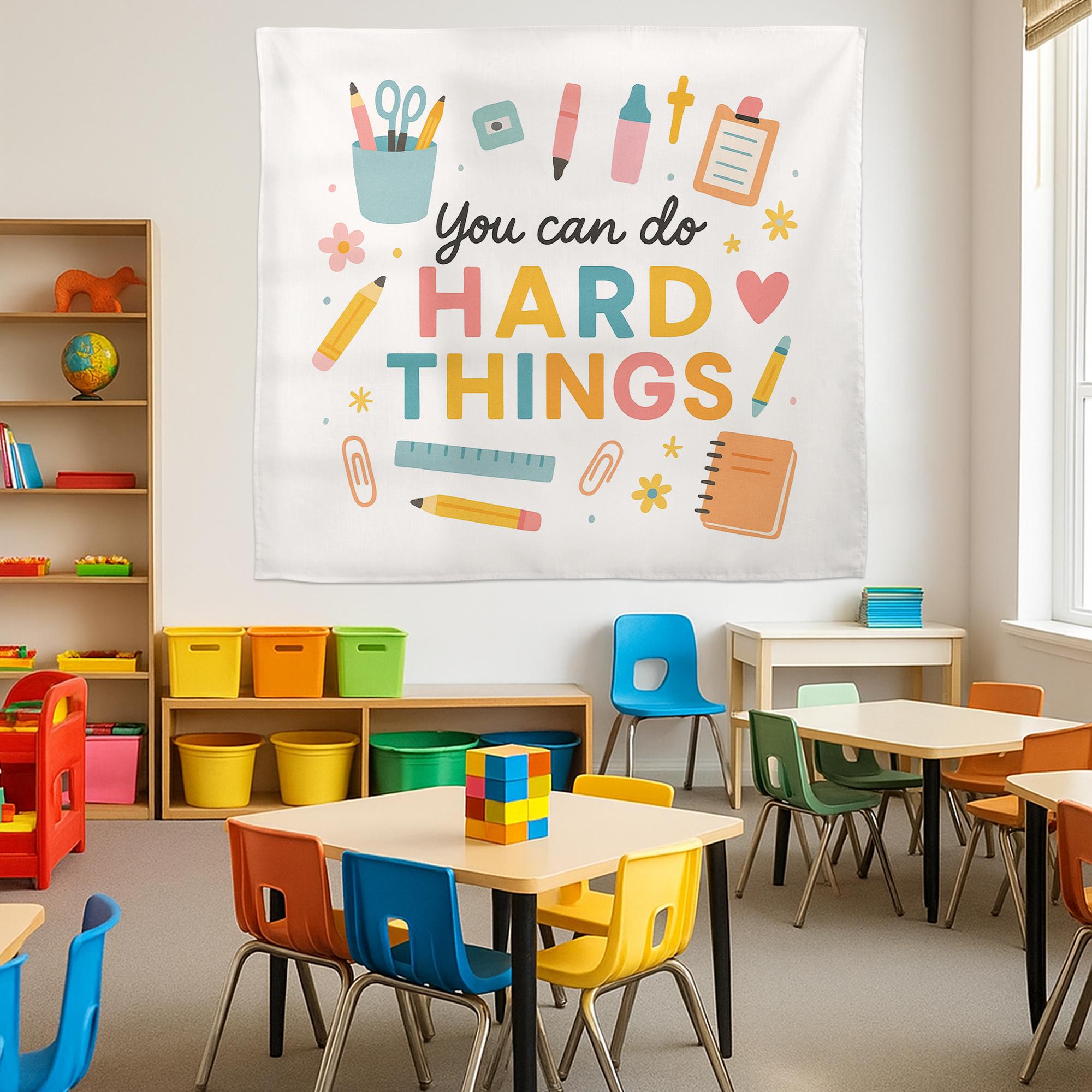 You Can Do Hard Things Classroom Tapestry, Motivational Teacher Wall Decor, Positive Quote Banner, School Office Poster Sign