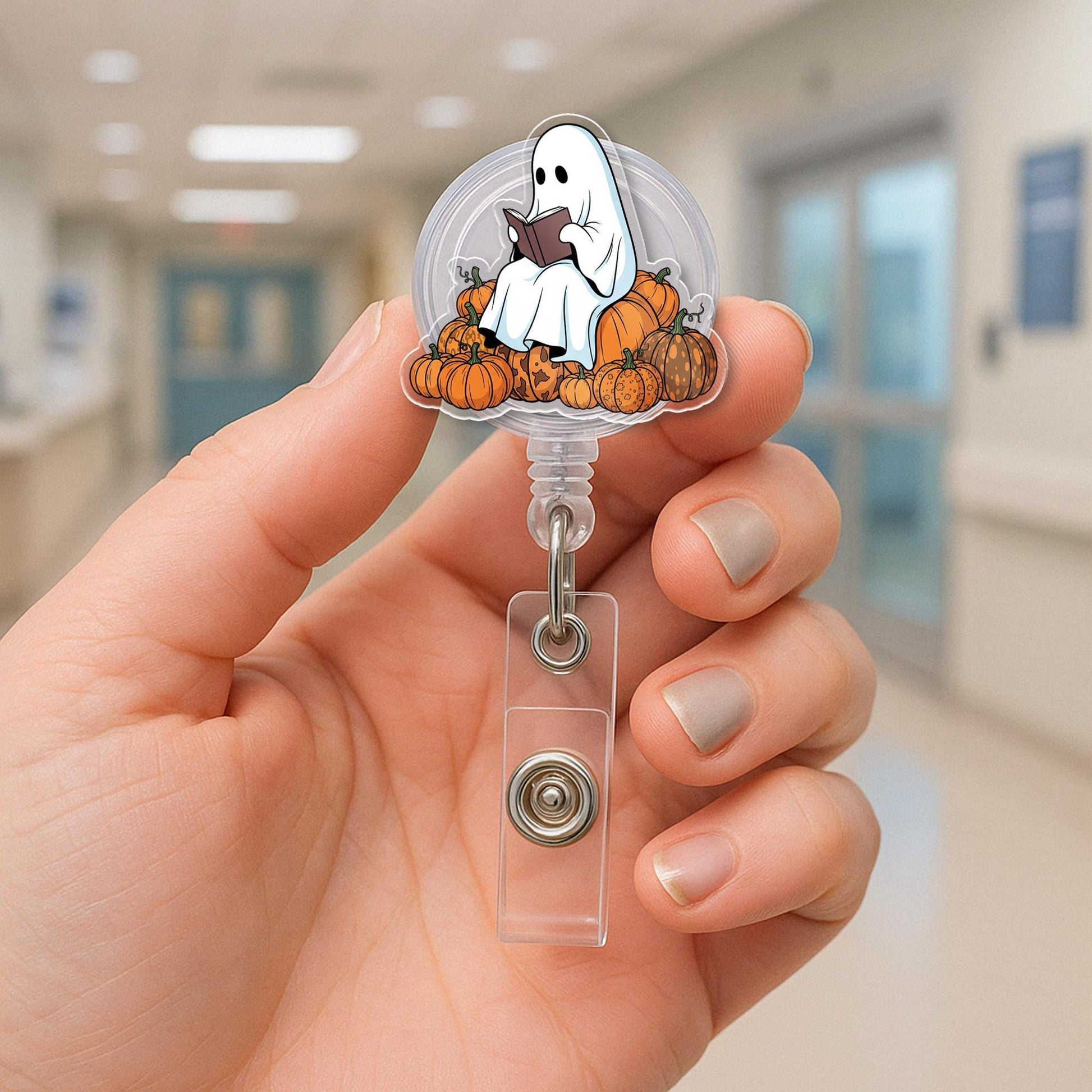 Ghost Reading Badge Reel | Halloween ID Badge Holder | Cute Fall Book Lover Gift | Pumpkin Retractable Name Tag Clip for Nurses & Teachers