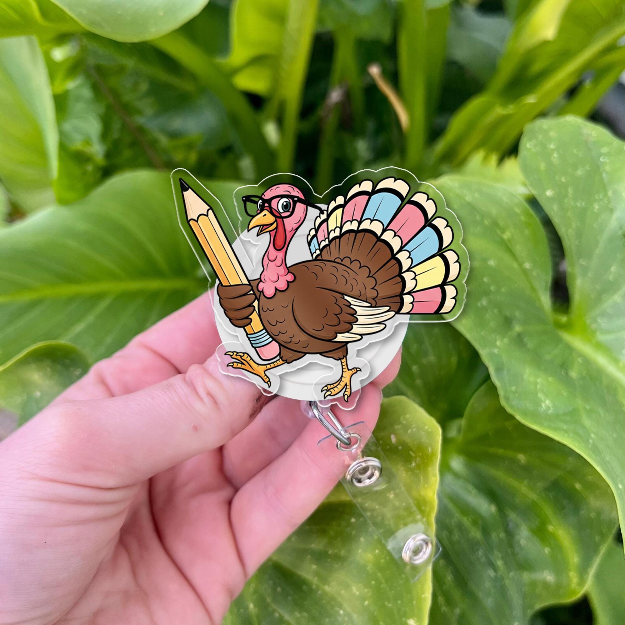 Thanksgiving Turkey Badge Reel | Funny Fall ID Holder with Pencil | Cute Teacher Gift | Retractable Name Tag Clip for Nurses & Staff