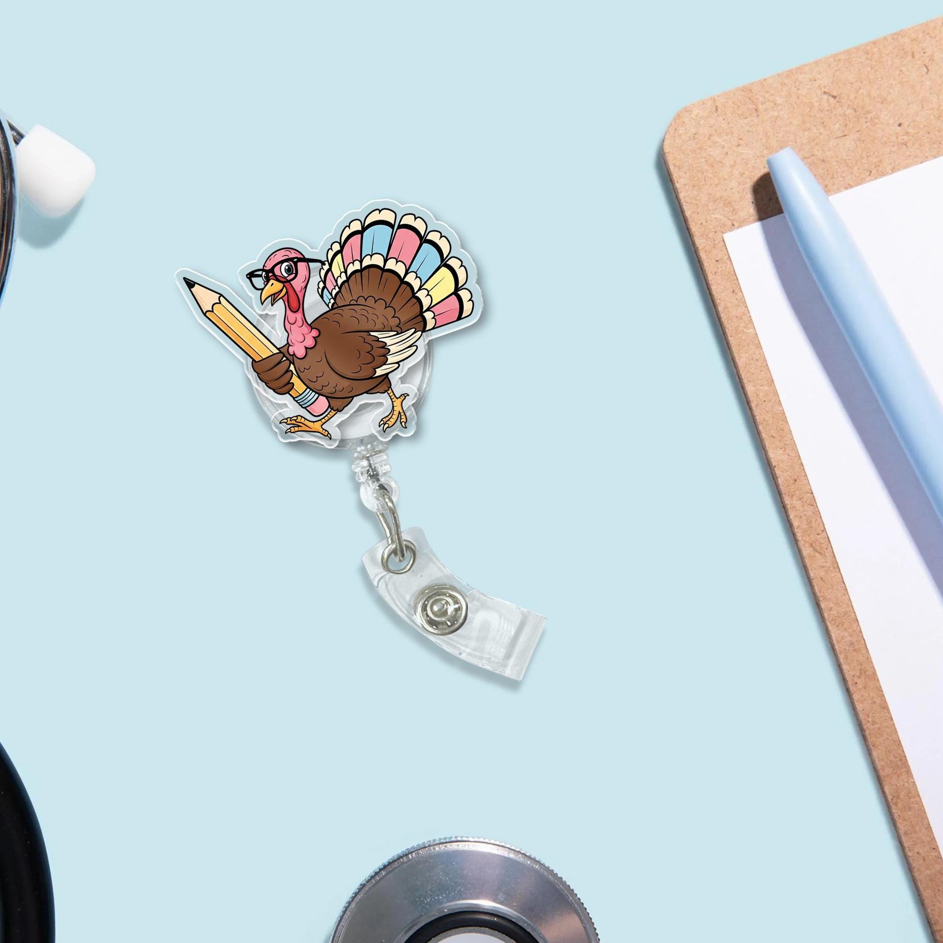 Thanksgiving Turkey Badge Reel | Funny Fall ID Holder with Pencil | Cute Teacher Gift | Retractable Name Tag Clip for Nurses & Staff
