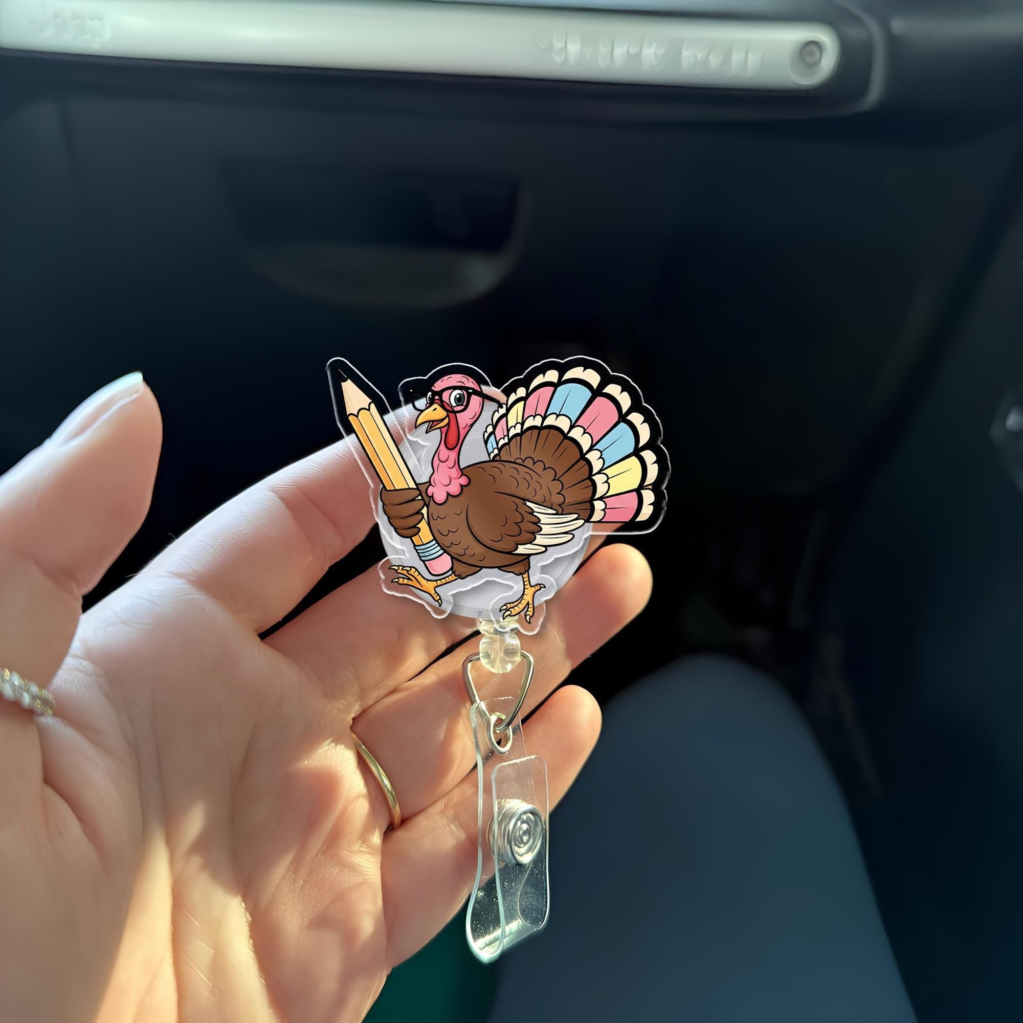 Thanksgiving Turkey Badge Reel | Funny Fall ID Holder with Pencil | Cute Teacher Gift | Retractable Name Tag Clip for Nurses & Staff