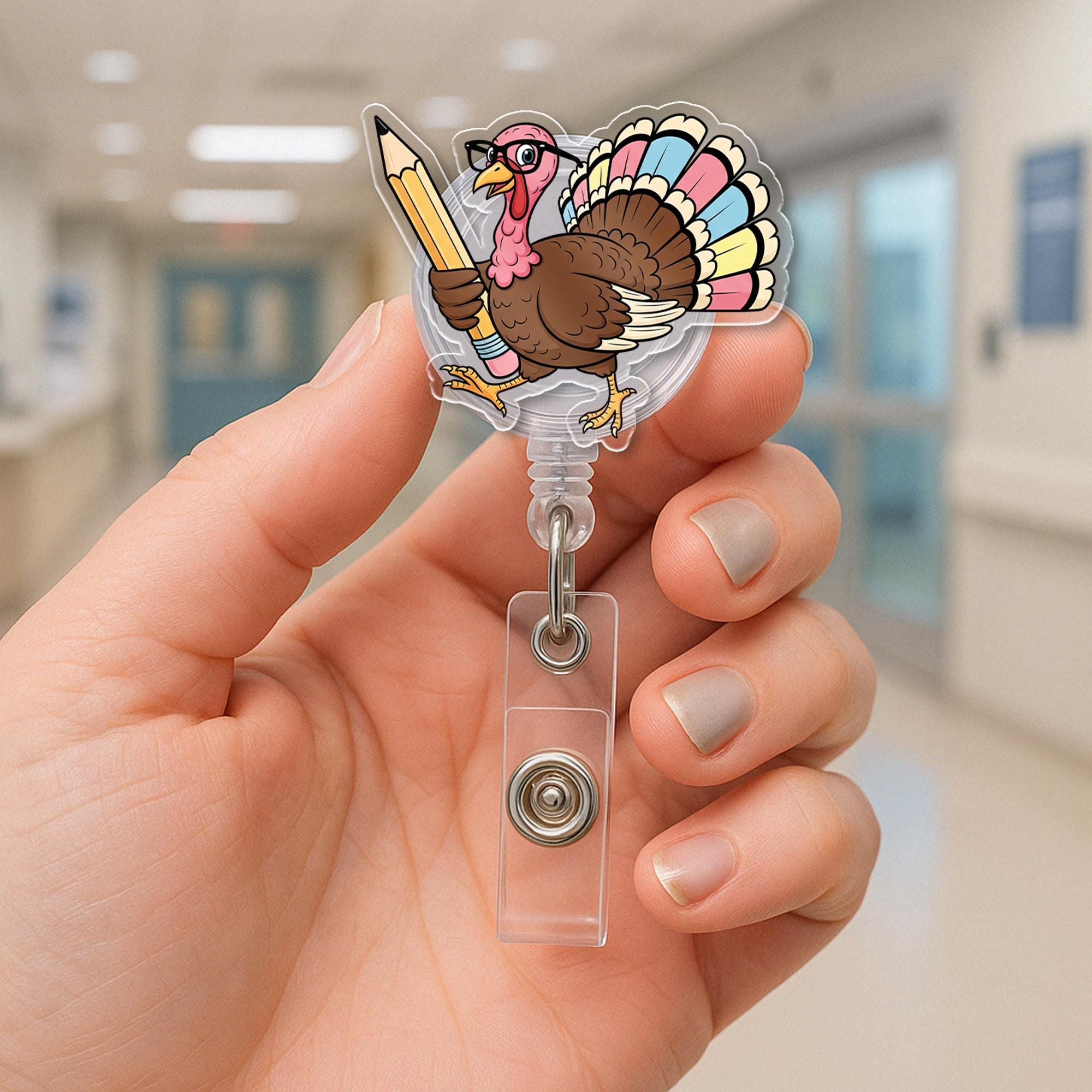Thanksgiving Turkey Badge Reel | Funny Fall ID Holder with Pencil | Cute Teacher Gift | Retractable Name Tag Clip for Nurses & Staff