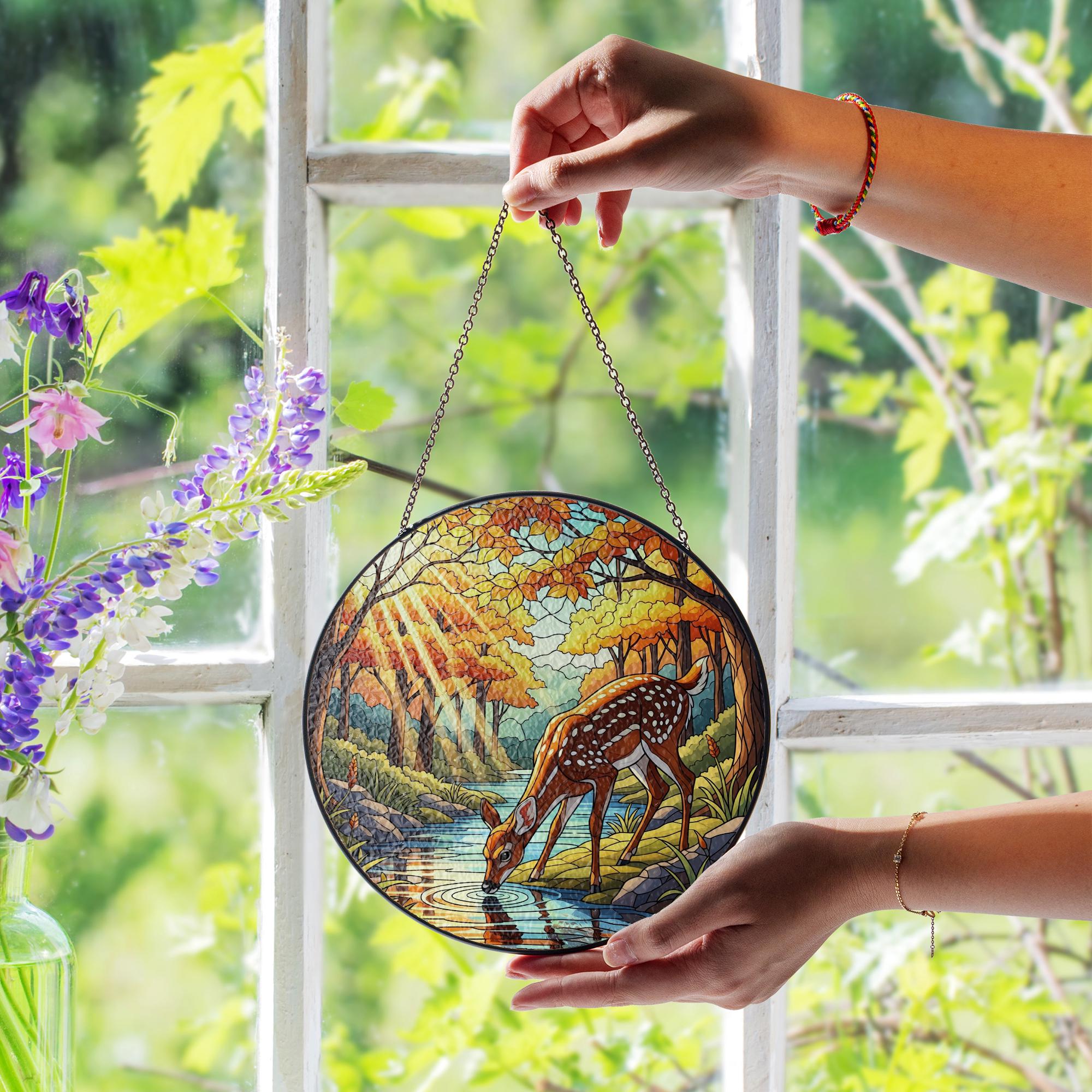 Deer Stained Glass Suncatcher | Faux Glass Woodland Decor | Autumn Forest Window Hanging | Nature Lover Gift | Rustic Fall Home Accent