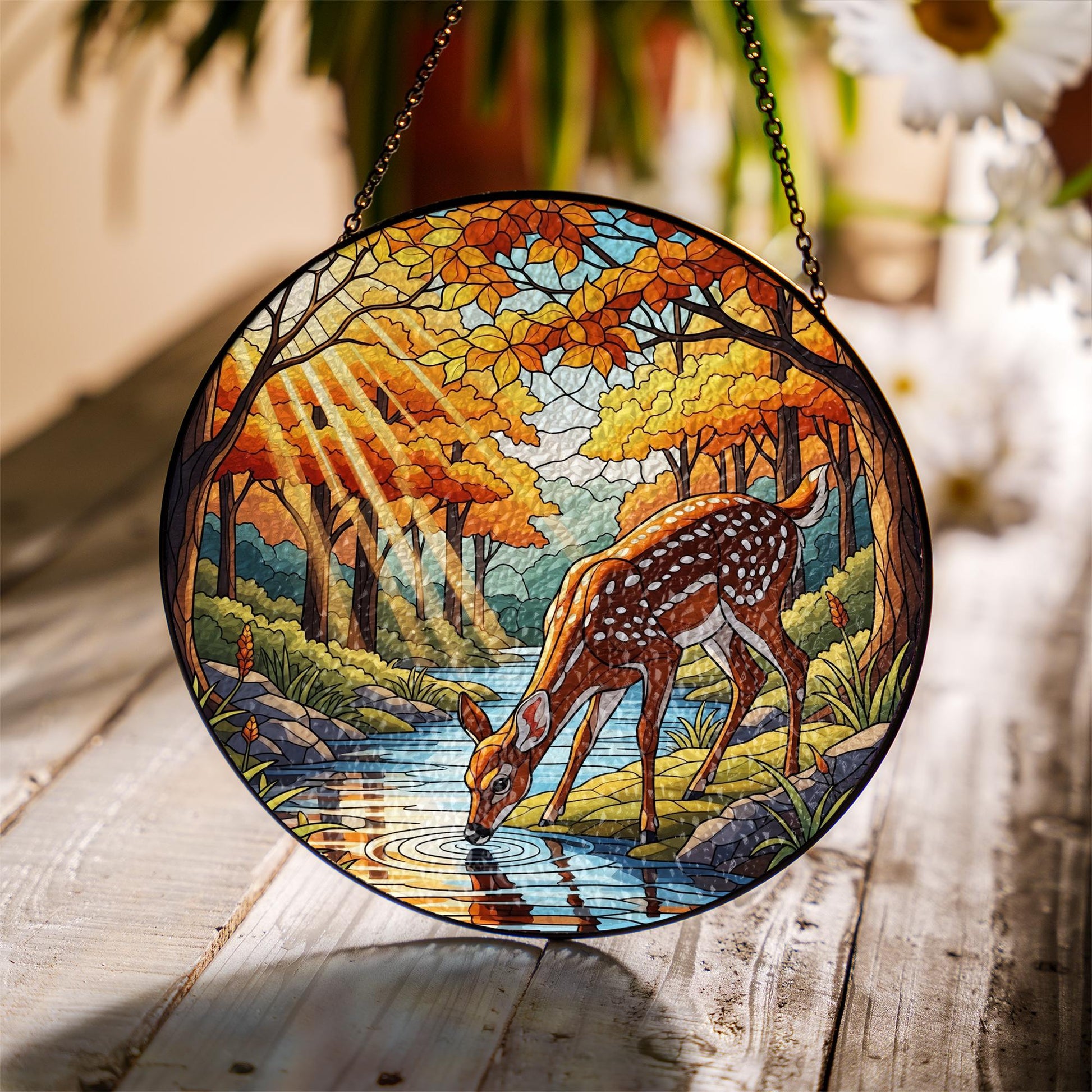Deer Stained Glass Suncatcher | Faux Glass Woodland Decor | Autumn Forest Window Hanging | Nature Lover Gift | Rustic Fall Home Accent