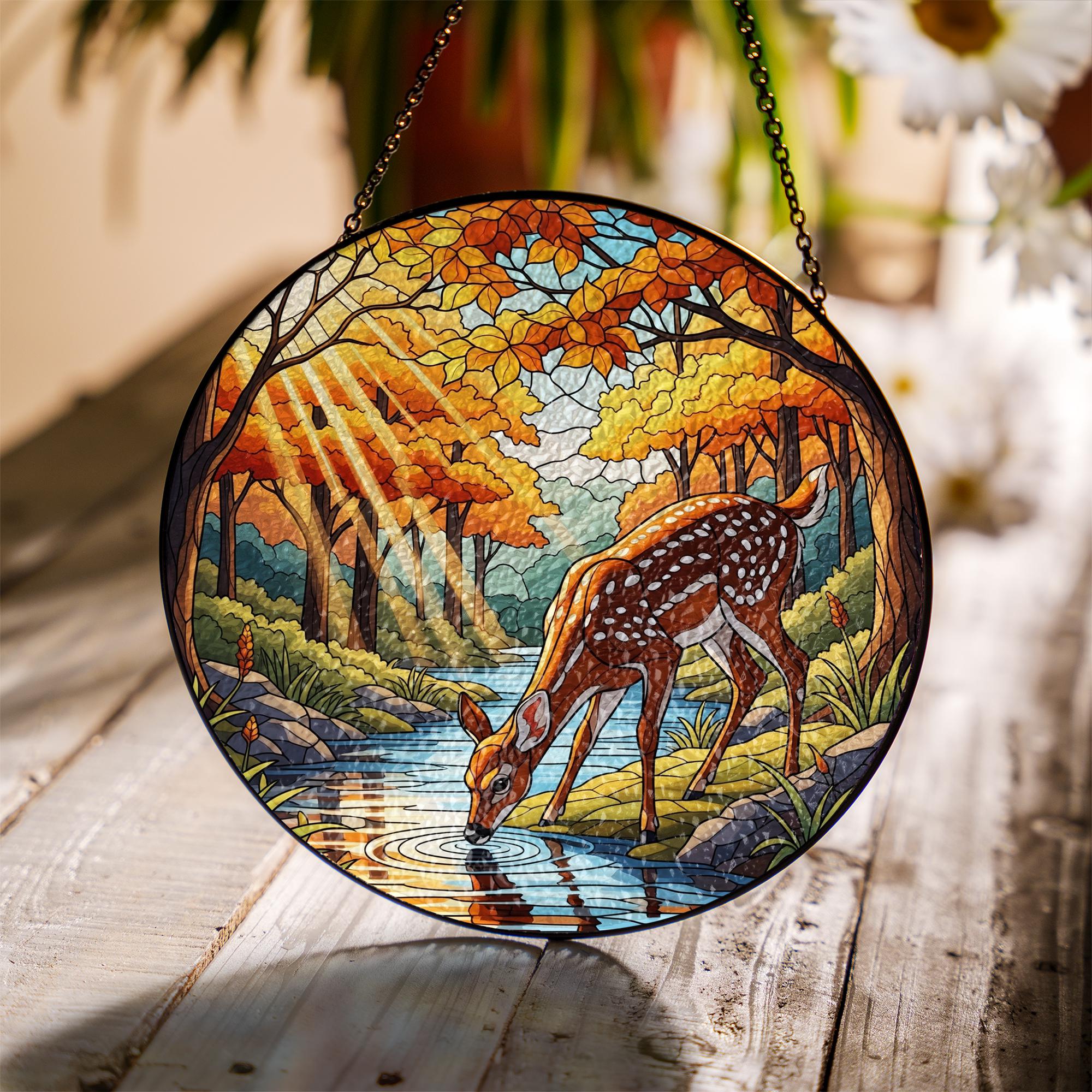 Deer Stained Glass Suncatcher | Faux Glass Woodland Decor | Autumn Forest Window Hanging | Nature Lover Gift | Rustic Fall Home Accent