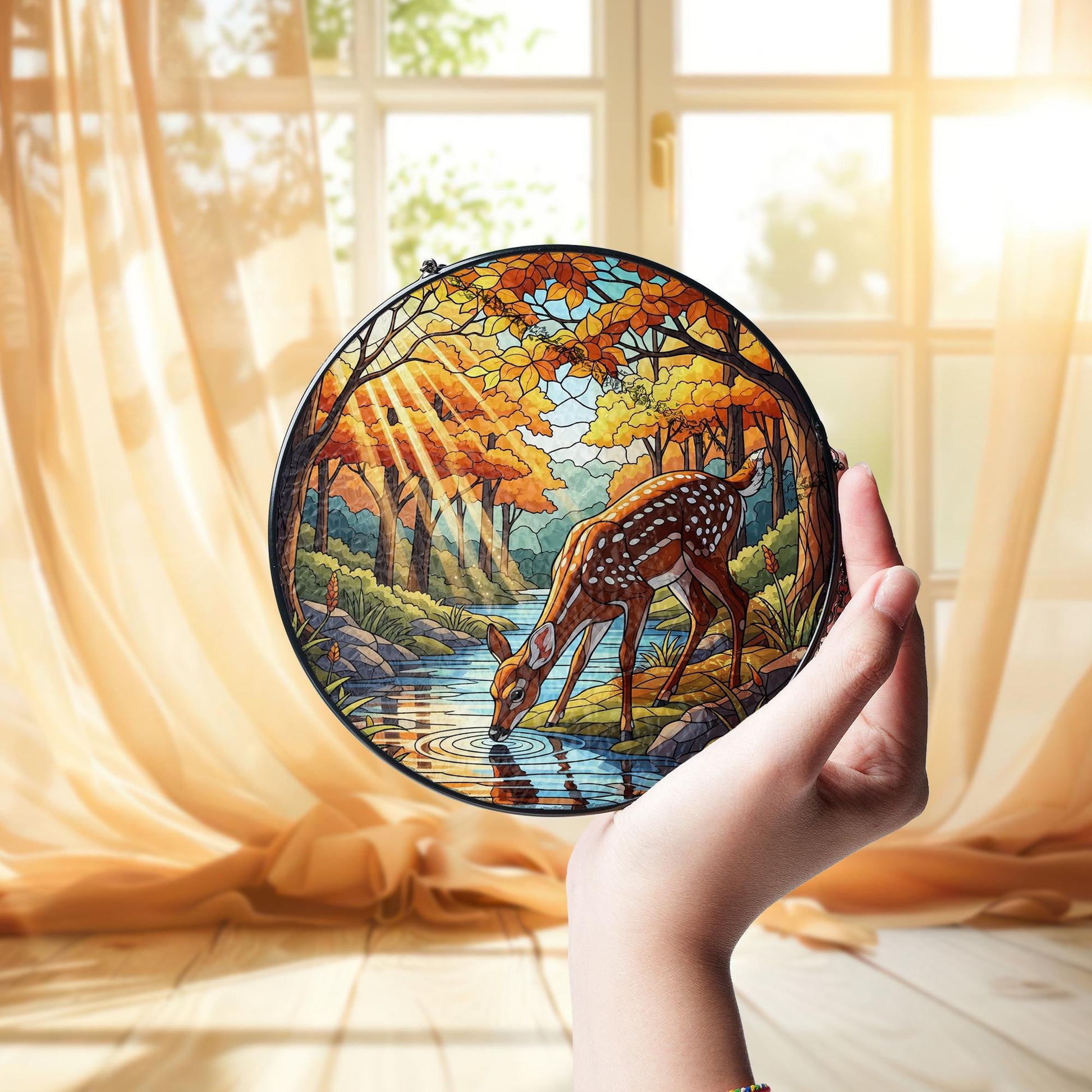 Deer Stained Glass Suncatcher | Faux Glass Woodland Decor | Autumn Forest Window Hanging | Nature Lover Gift | Rustic Fall Home Accent