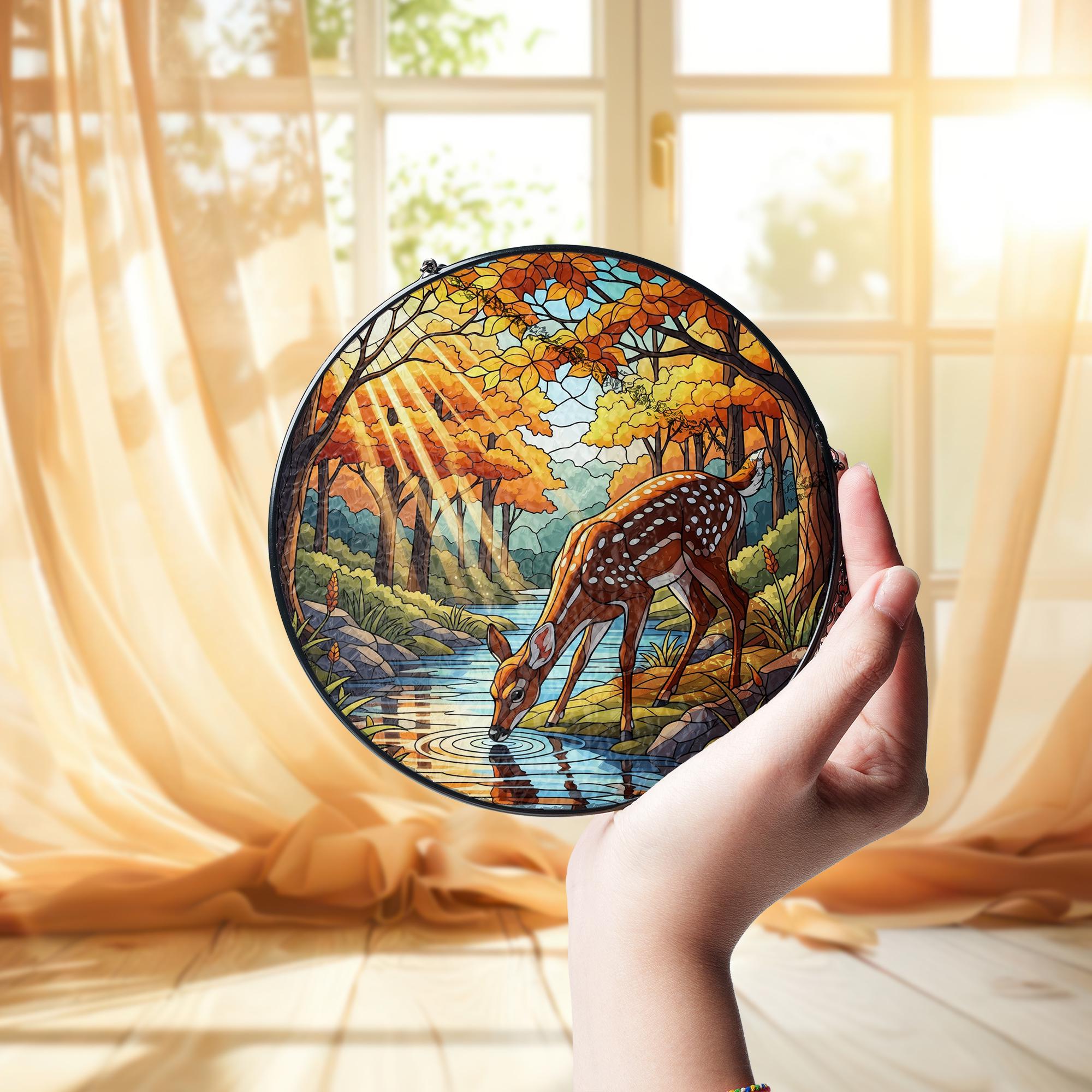 Deer Stained Glass Suncatcher | Faux Glass Woodland Decor | Autumn Forest Window Hanging | Nature Lover Gift | Rustic Fall Home Accent