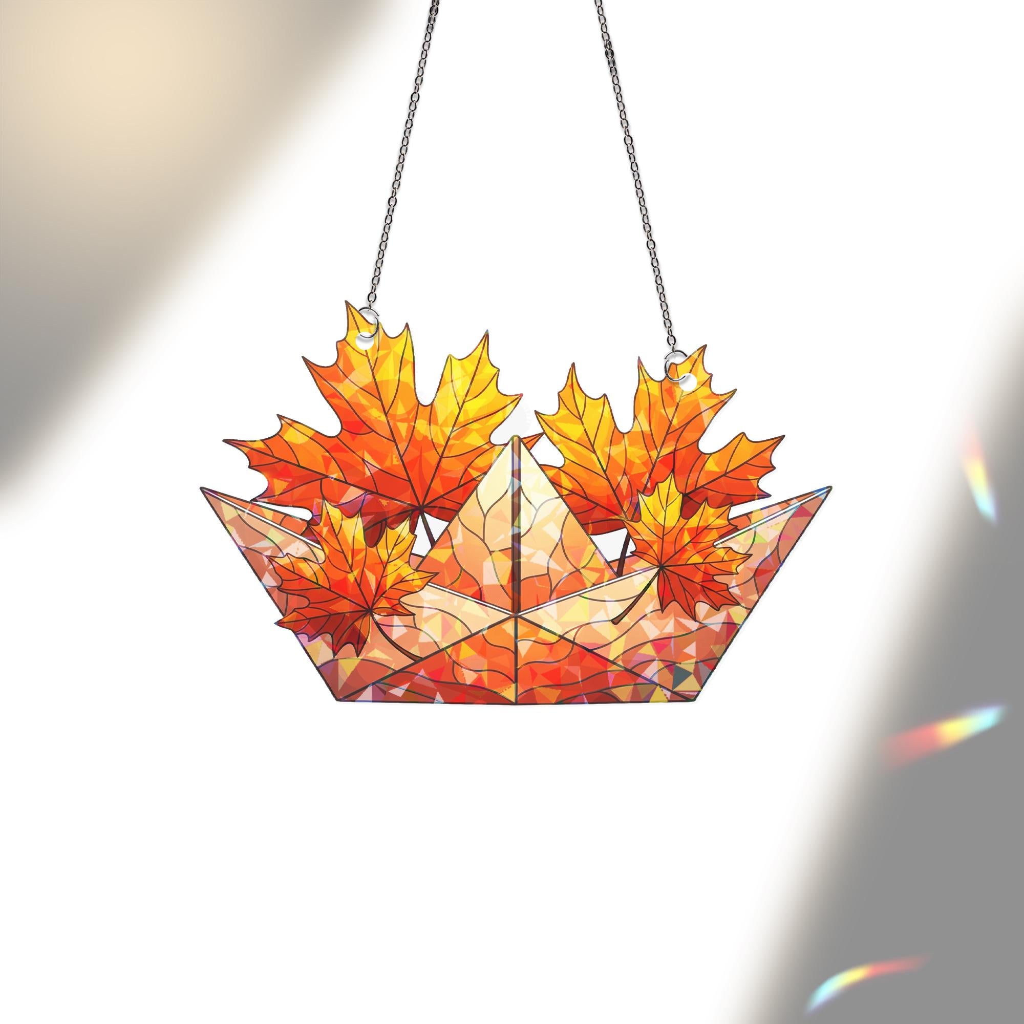 Holographic Maple Leaf Window Hanging | Faux Stained Glass Fall Decor | Sun Catcher Ornament | Autumn Prism Light Catcher Gift