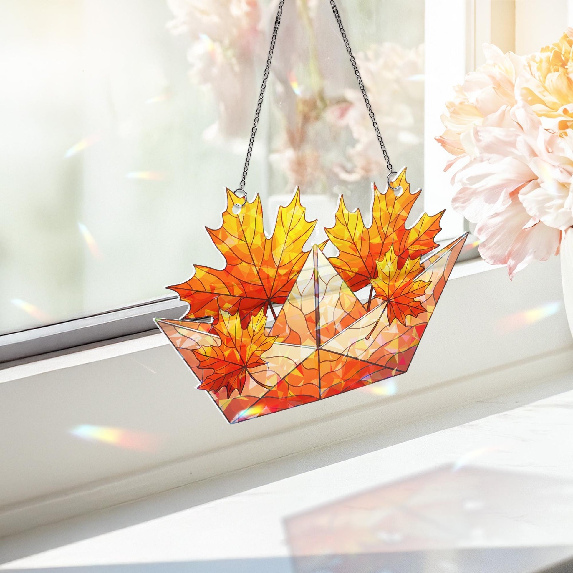 Holographic Maple Leaf Window Hanging | Faux Stained Glass Fall Decor | Sun Catcher Ornament | Autumn Prism Light Catcher Gift