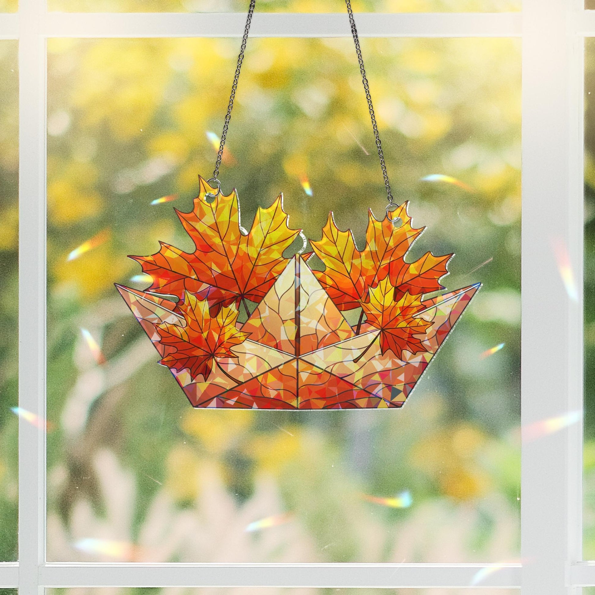 Holographic Maple Leaf Window Hanging | Faux Stained Glass Fall Decor | Sun Catcher Ornament | Autumn Prism Light Catcher Gift