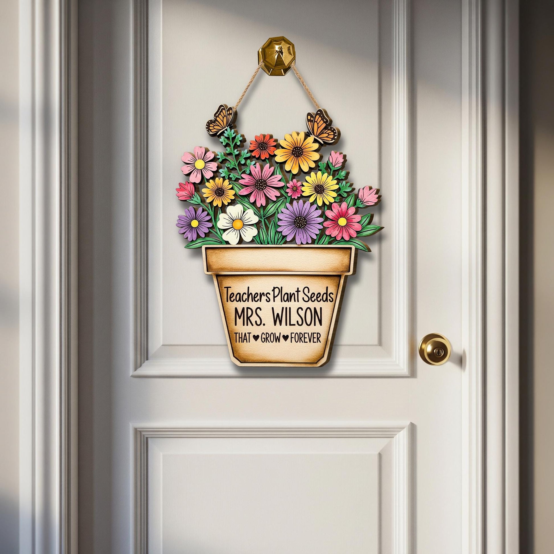Custom Teacher Door Sign | Personalized Wooden Classroom Decor | Floral Pot Sign with Name | Gift for Teacher Appreciation or End of Year