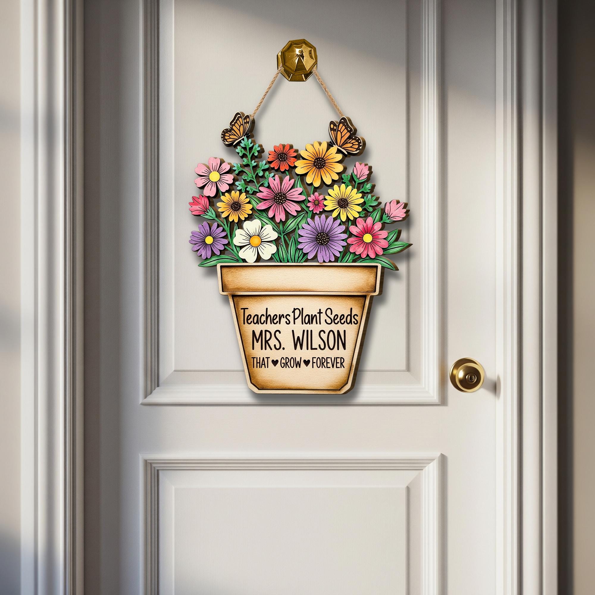 Custom Teacher Door Sign | Personalized Wooden Classroom Decor | Floral Pot Sign with Name | Gift for Teacher Appreciation or End of Year