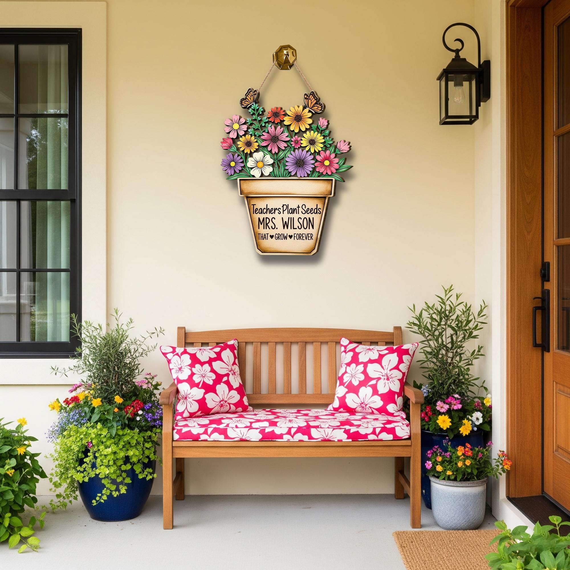 Custom Teacher Door Sign | Personalized Wooden Classroom Decor | Floral Pot Sign with Name | Gift for Teacher Appreciation or End of Year