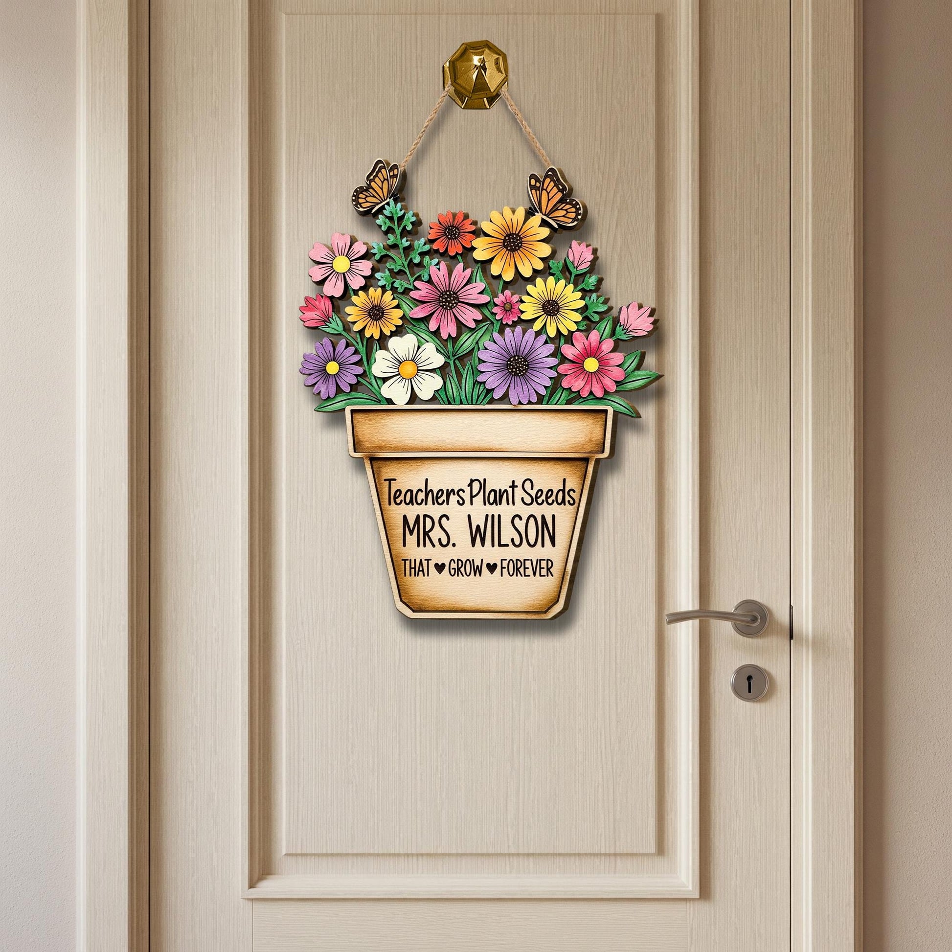 Custom Teacher Door Sign | Personalized Wooden Classroom Decor | Floral Pot Sign with Name | Gift for Teacher Appreciation or End of Year