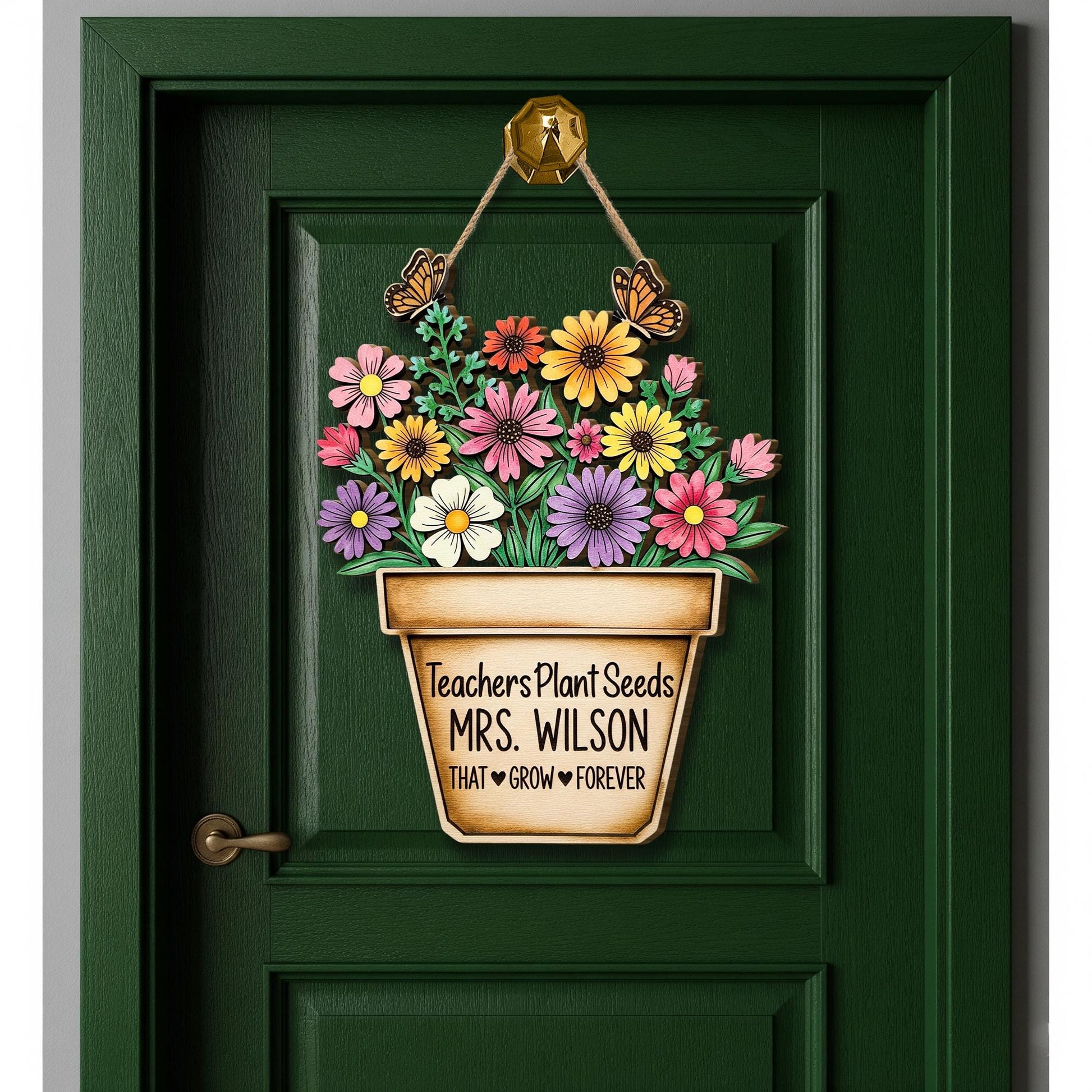 Custom Teacher Door Sign | Personalized Wooden Classroom Decor | Floral Pot Sign with Name | Gift for Teacher Appreciation or End of Year