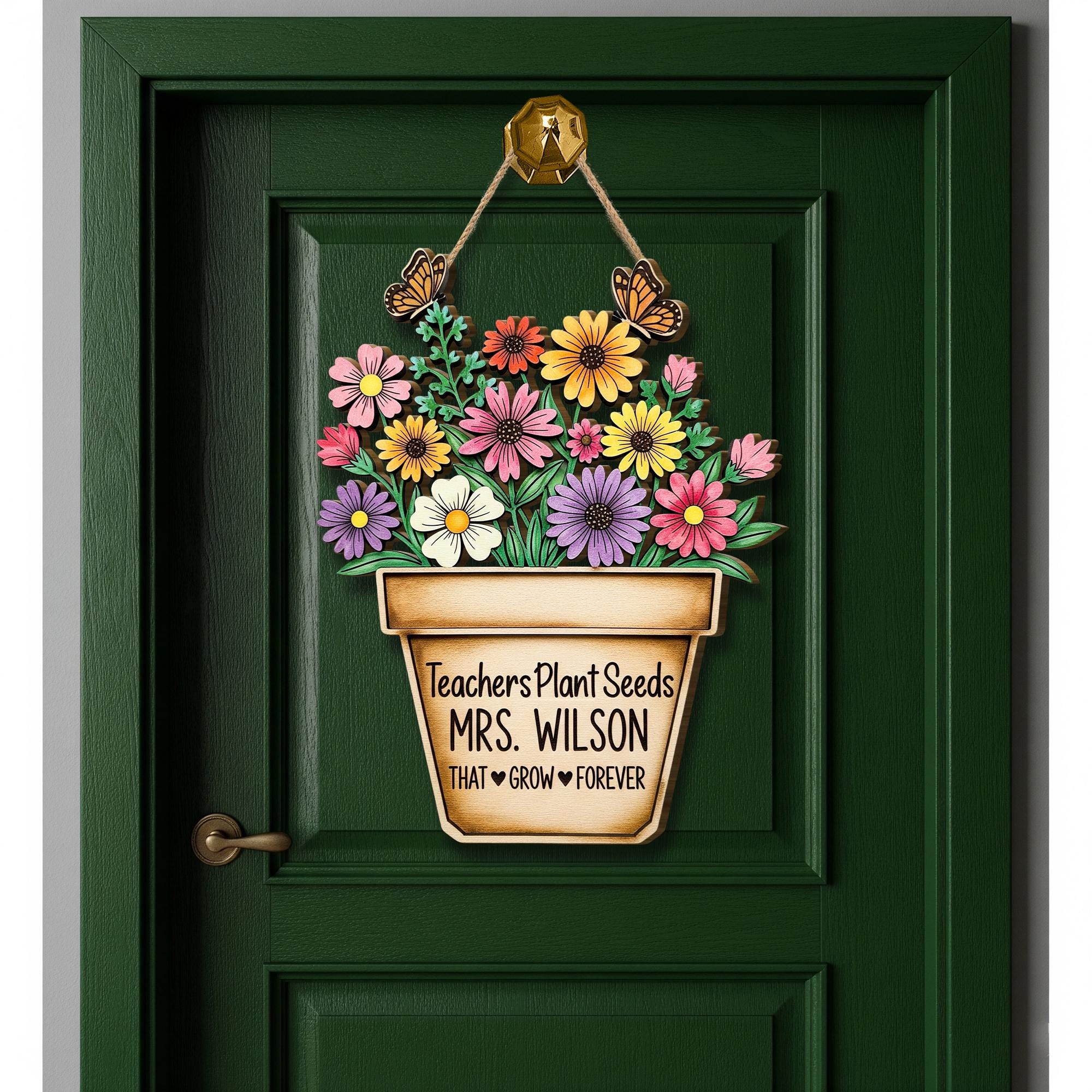 Custom Teacher Door Sign | Personalized Wooden Classroom Decor | Floral Pot Sign with Name | Gift for Teacher Appreciation or End of Year