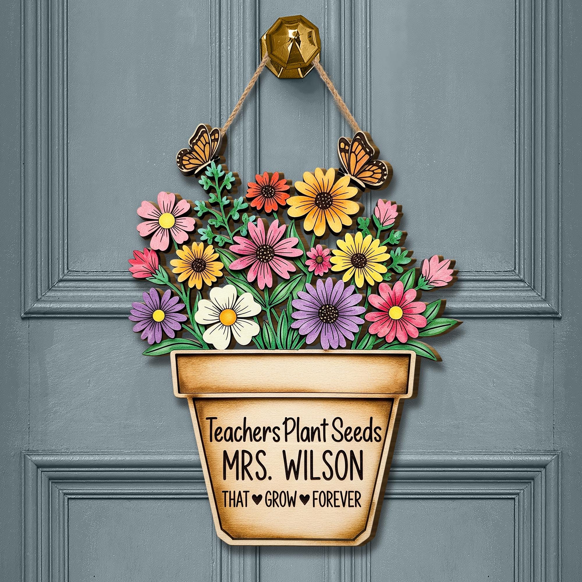 Custom Teacher Door Sign | Personalized Wooden Classroom Decor | Floral Pot Sign with Name | Gift for Teacher Appreciation or End of Year