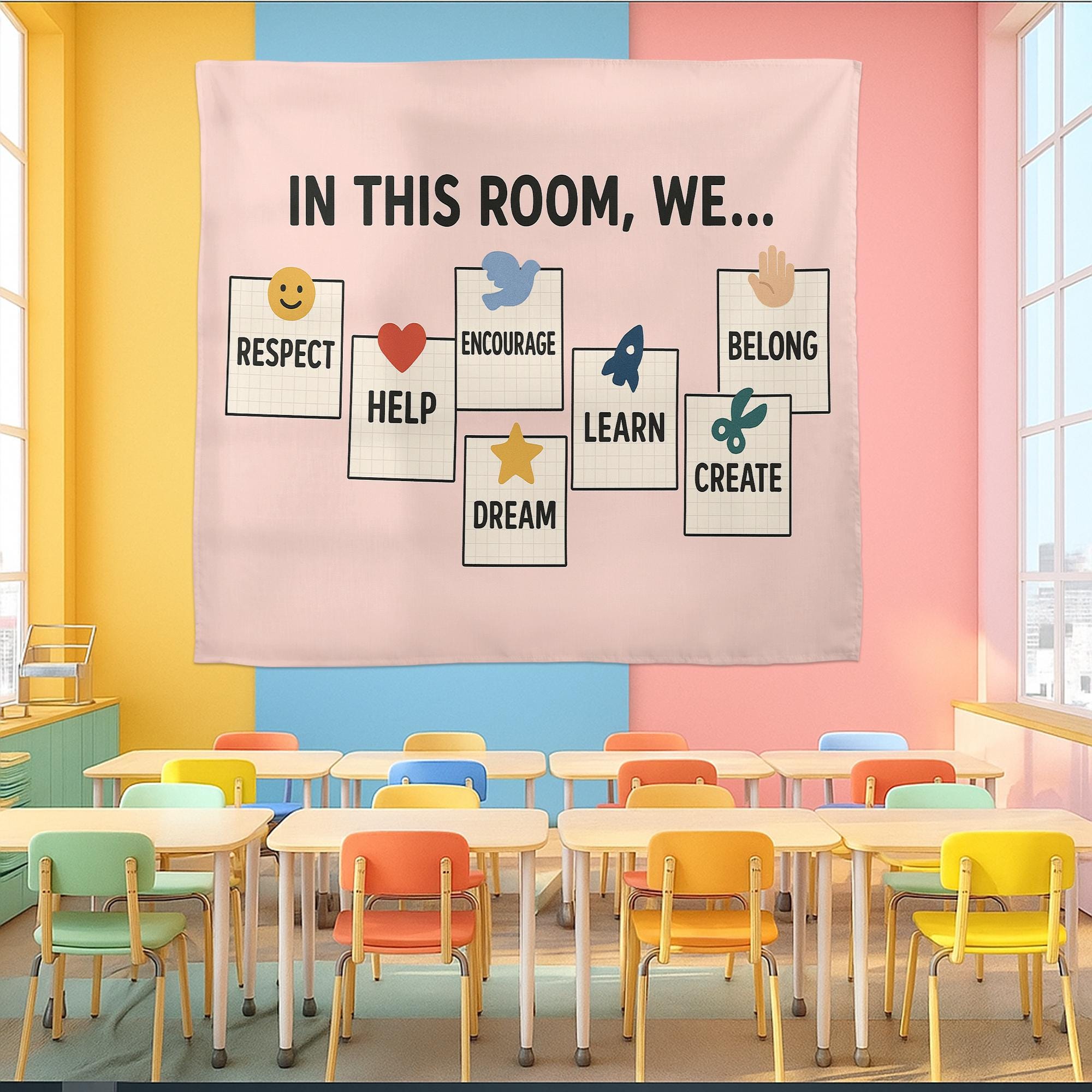 In This Room We Tapestry | Positive Classroom Wall Decor | Motivational Teacher Banner | Encouragement Poster for Kids & Students