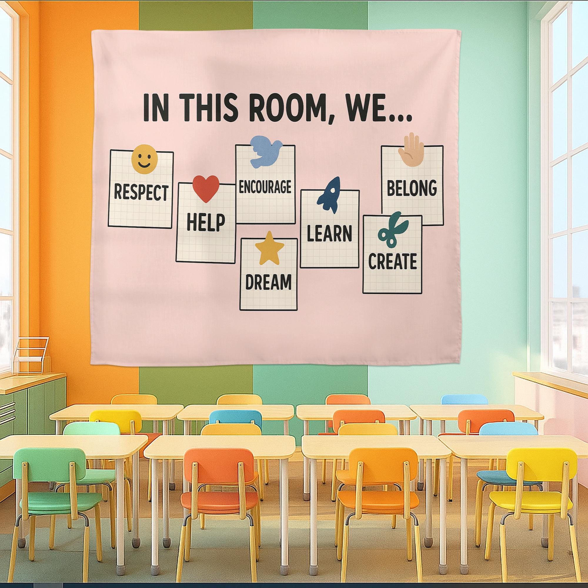 In This Room We Tapestry | Positive Classroom Wall Decor | Motivational Teacher Banner | Encouragement Poster for Kids & Students