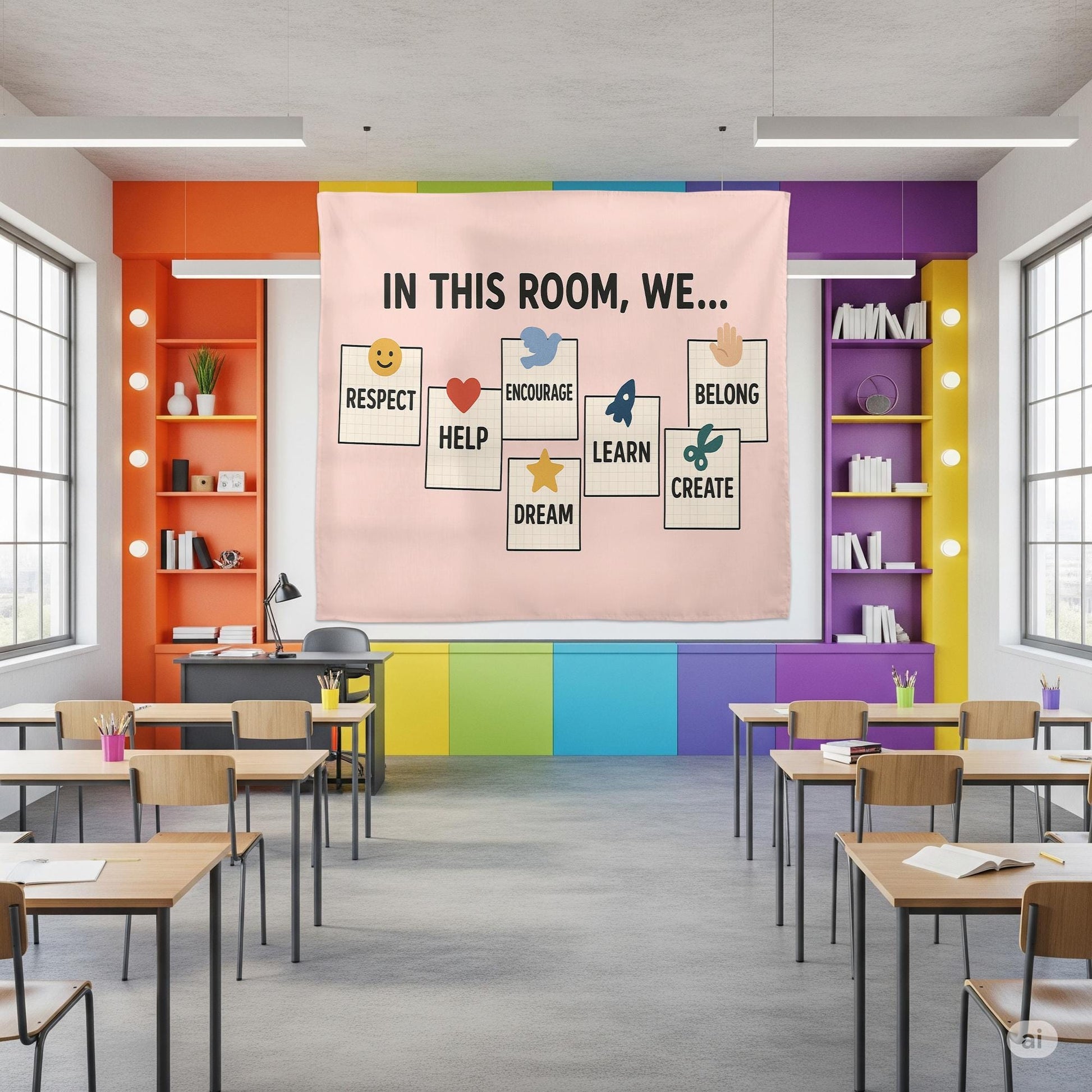 In This Room We Tapestry | Positive Classroom Wall Decor | Motivational Teacher Banner | Encouragement Poster for Kids & Students