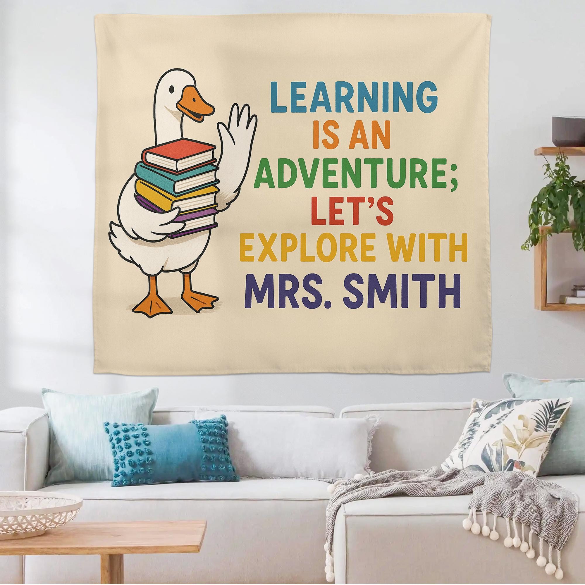 Custom Teacher Name Tapestry | Learning Is an Adventure Classroom Wall Art | Duck with Books Banner | Back to School Teacher Decor