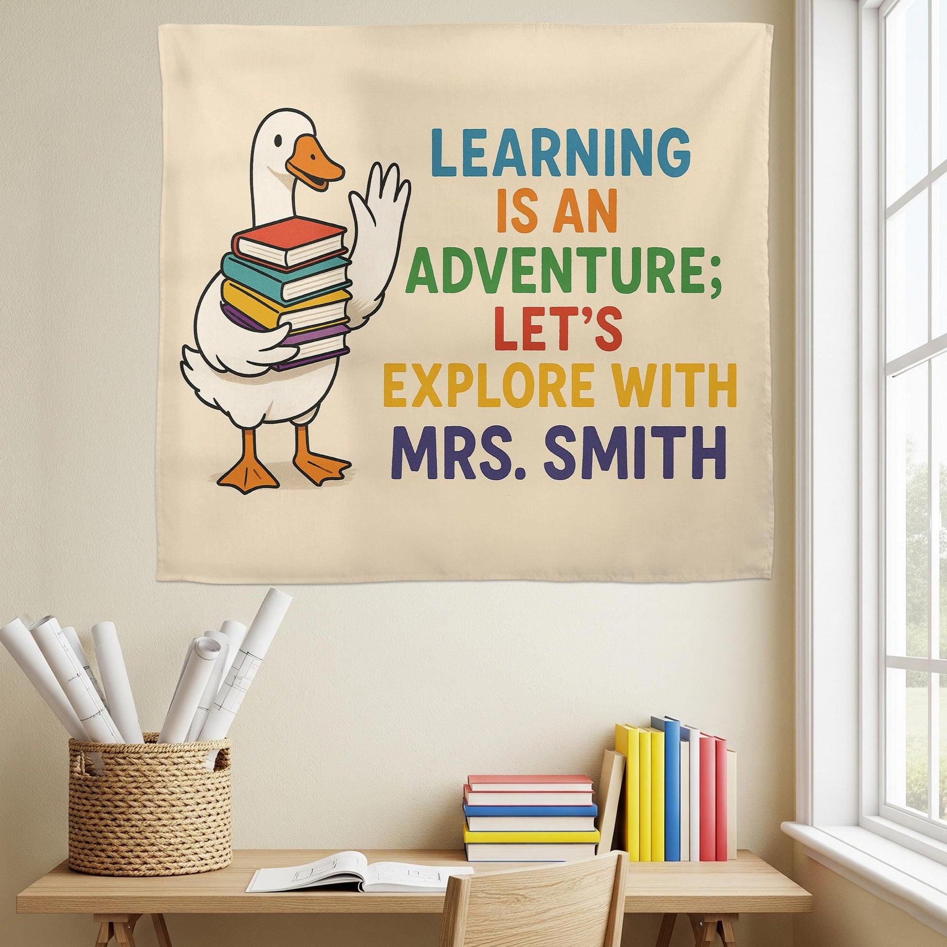 Custom Teacher Name Tapestry | Learning Is an Adventure Classroom Wall Art | Duck with Books Banner | Back to School Teacher Decor