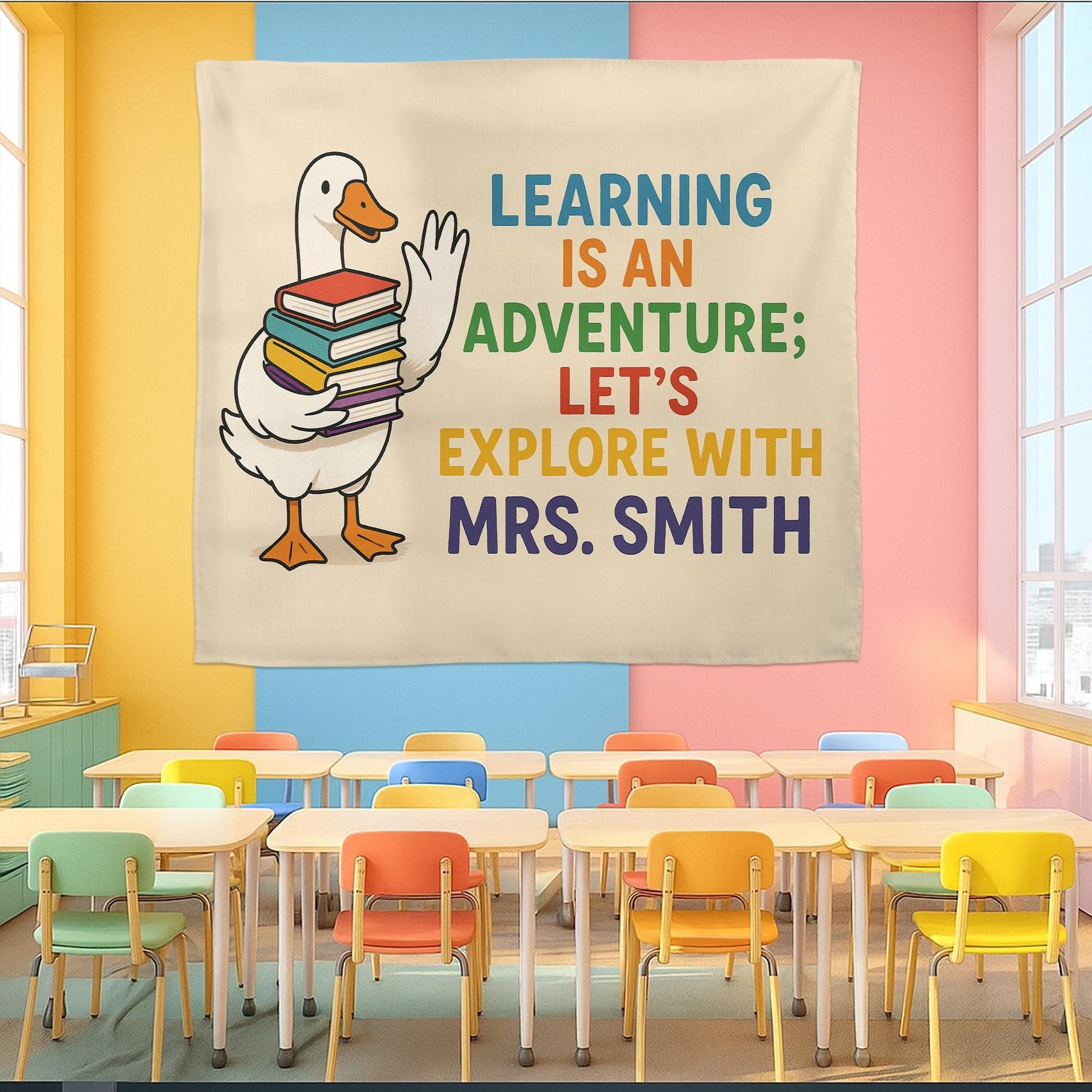Custom Teacher Name Tapestry | Learning Is an Adventure Classroom Wall Art | Duck with Books Banner | Back to School Teacher Decor