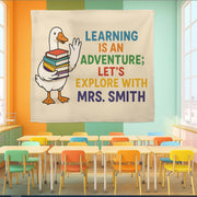 Custom Teacher Name Tapestry | Learning Is an Adventure Classroom Wall Art | Duck with Books Banner | Back to School Teacher Decor