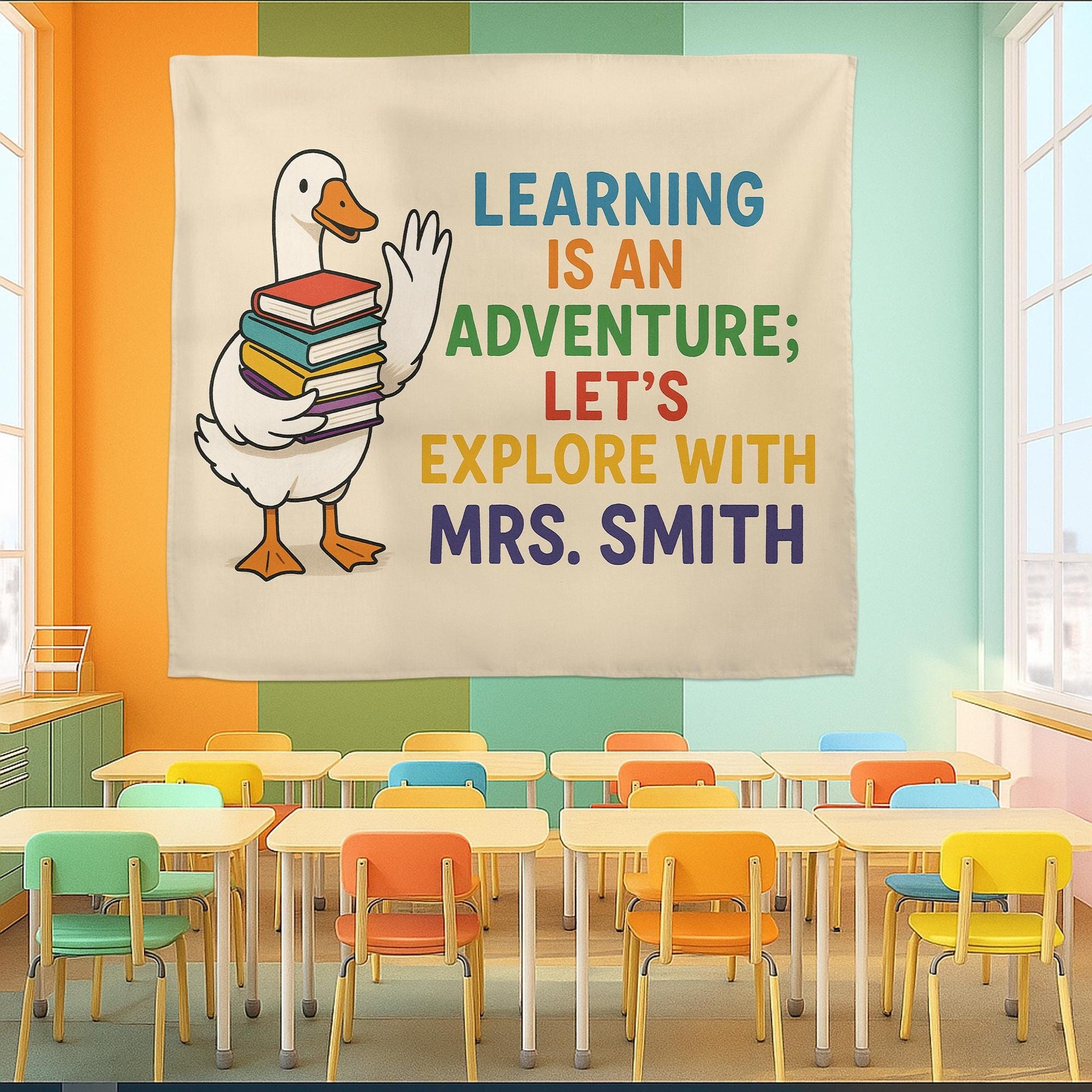 Custom Teacher Name Tapestry | Learning Is an Adventure Classroom Wall Art | Duck with Books Banner | Back to School Teacher Decor