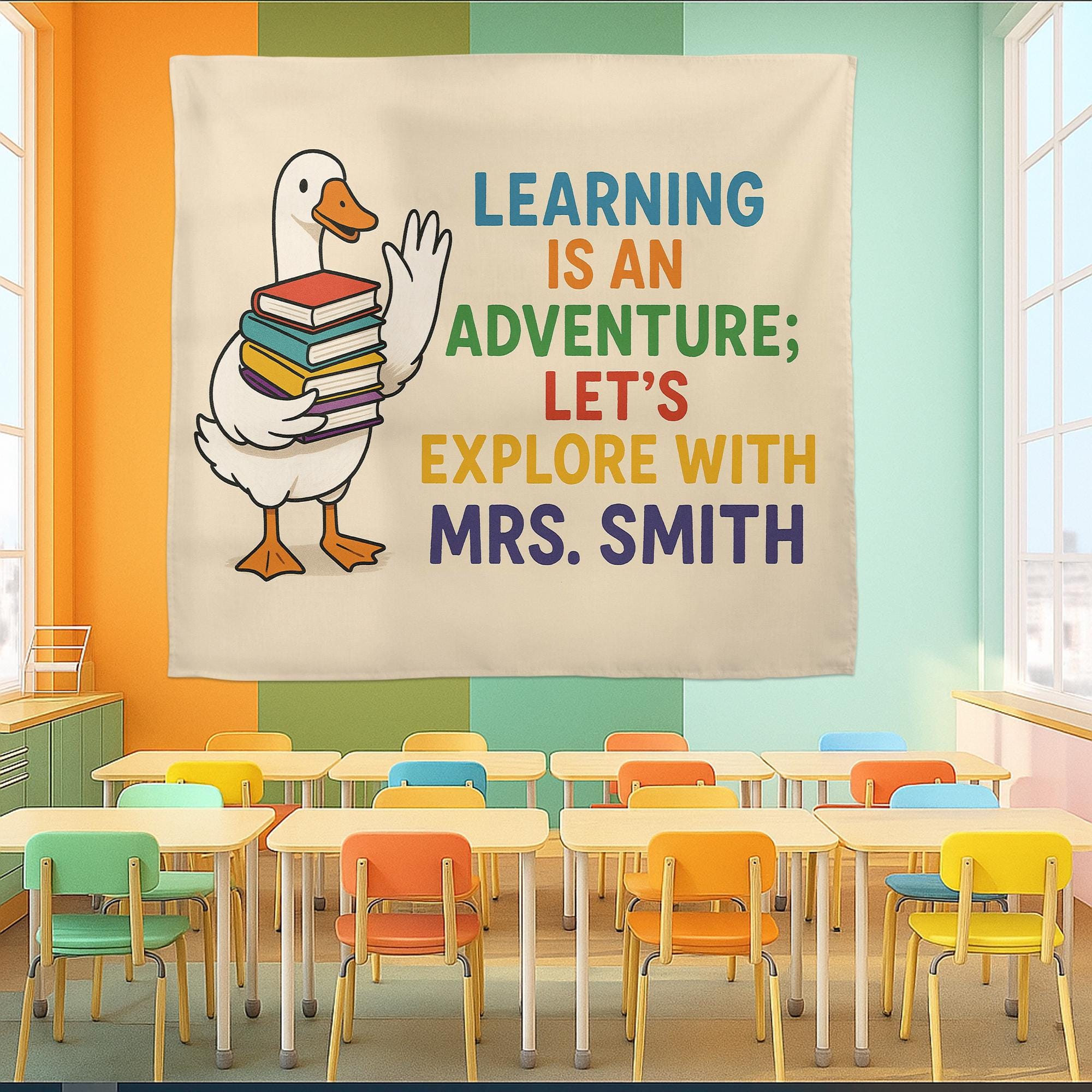 Custom Teacher Name Tapestry | Learning Is an Adventure Classroom Wall Art | Duck with Books Banner | Back to School Teacher Decor