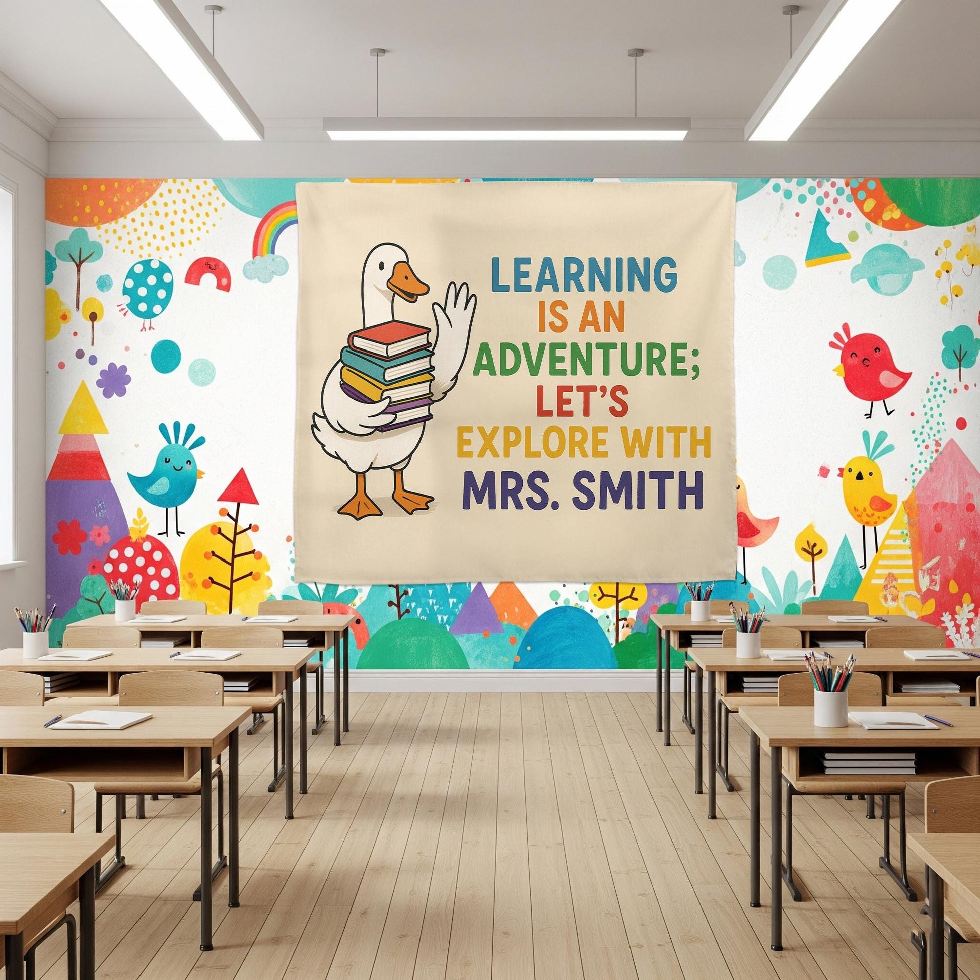 Custom Teacher Name Tapestry | Learning Is an Adventure Classroom Wall Art | Duck with Books Banner | Back to School Teacher Decor