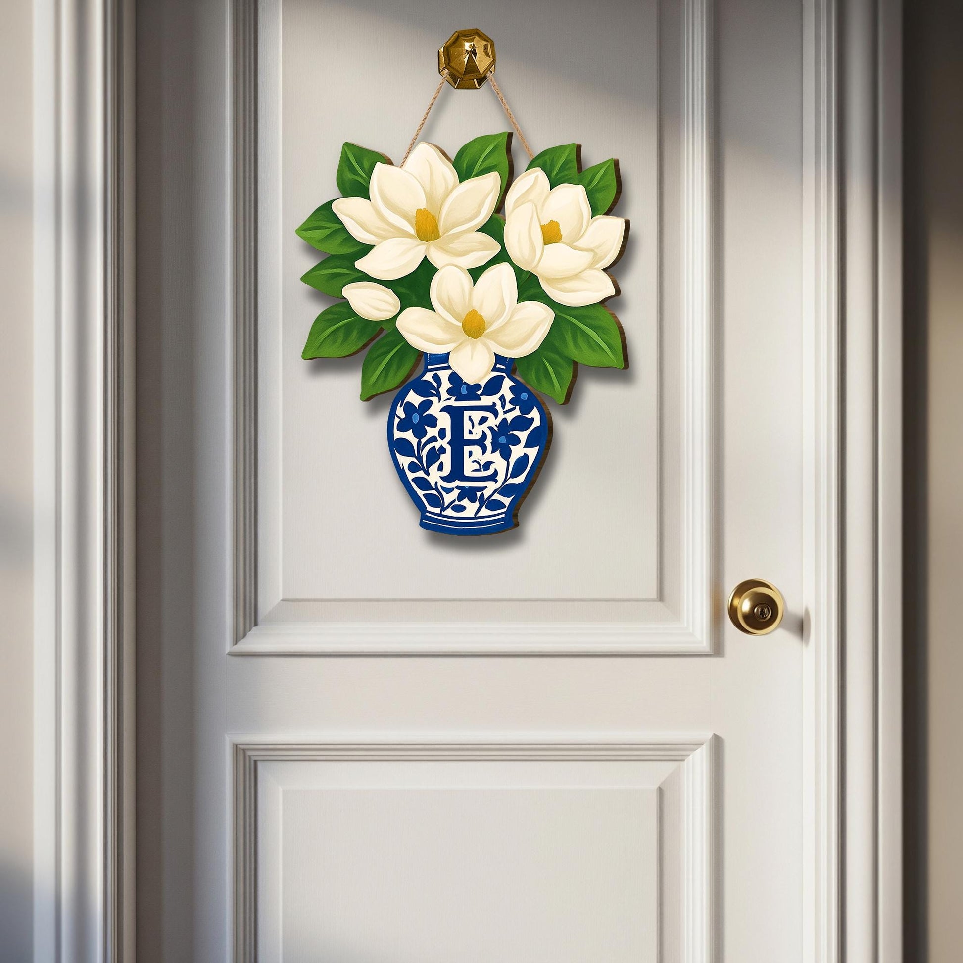 Custom Magnolia Door Hanger | Chinoiserie Monogram Front Door Sign | Southern Floral Porch Decor | Personalized Spring Summer Wreath