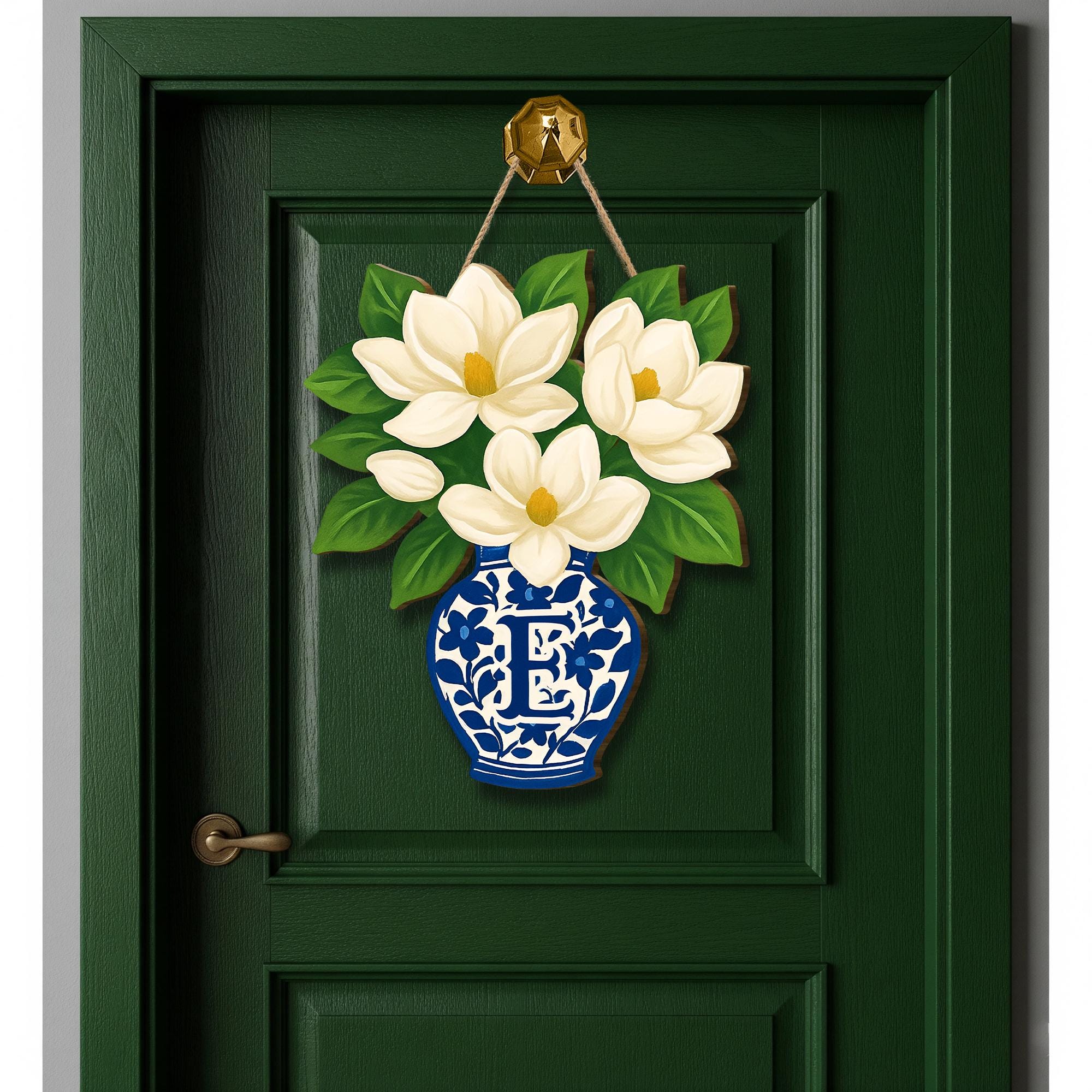 Custom Magnolia Door Hanger | Chinoiserie Monogram Front Door Sign | Southern Floral Porch Decor | Personalized Spring Summer Wreath