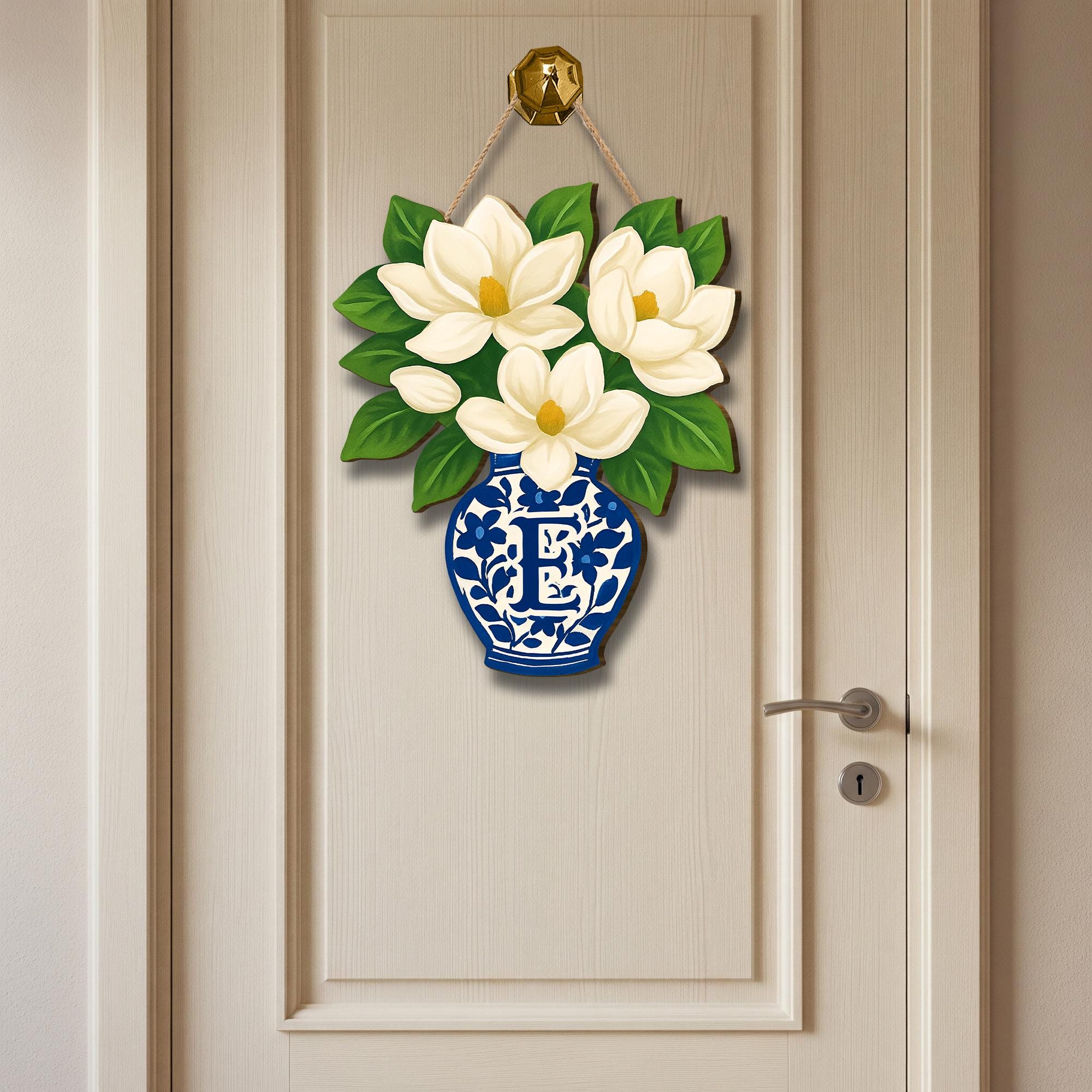Custom Magnolia Door Hanger | Chinoiserie Monogram Front Door Sign | Southern Floral Porch Decor | Personalized Spring Summer Wreath