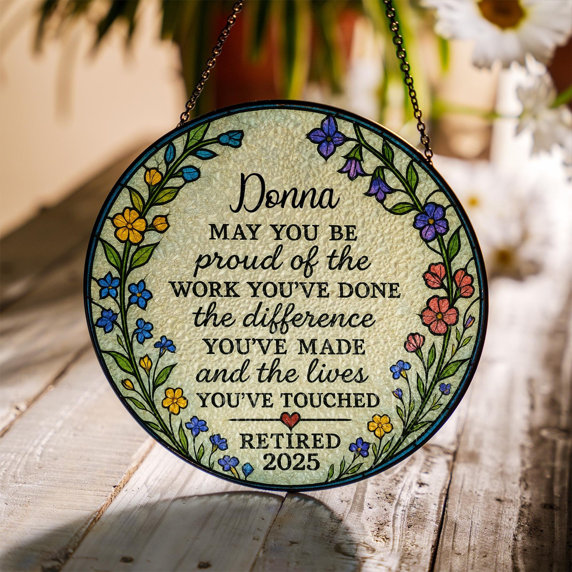 Custom Retirement Suncatcher | Personalized Glass Gift for Retired Women | Floral Window Decor Keepsake | Teacher Nurse Coworker Gift