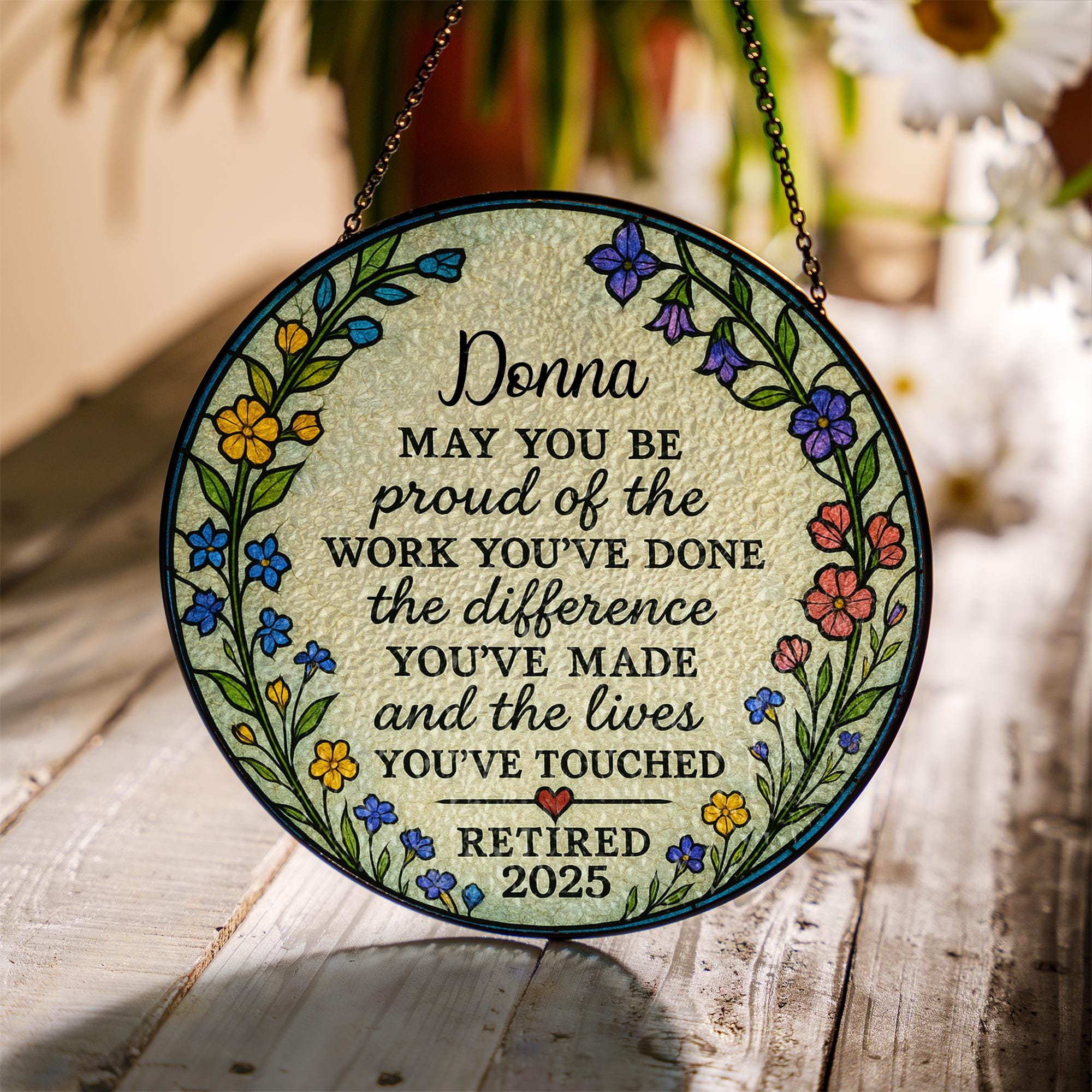 Custom Retirement Suncatcher | Personalized Glass Gift for Retired Women | Floral Window Decor Keepsake | Teacher Nurse Coworker Gift