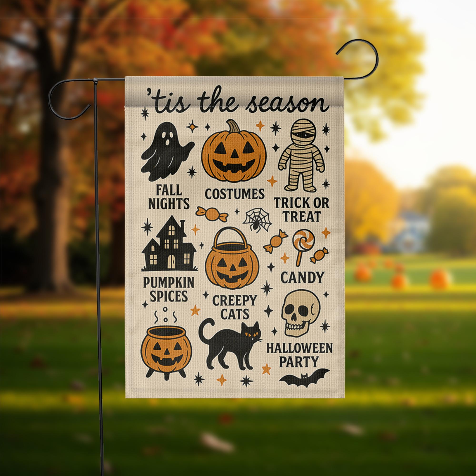 Halloween Garden Flag | 'Tis the Season Fall Yard Decor | Cute Spooky Outdoor Sign | Pumpkin Spice, Candy, Trick or Treat Lawn Banner