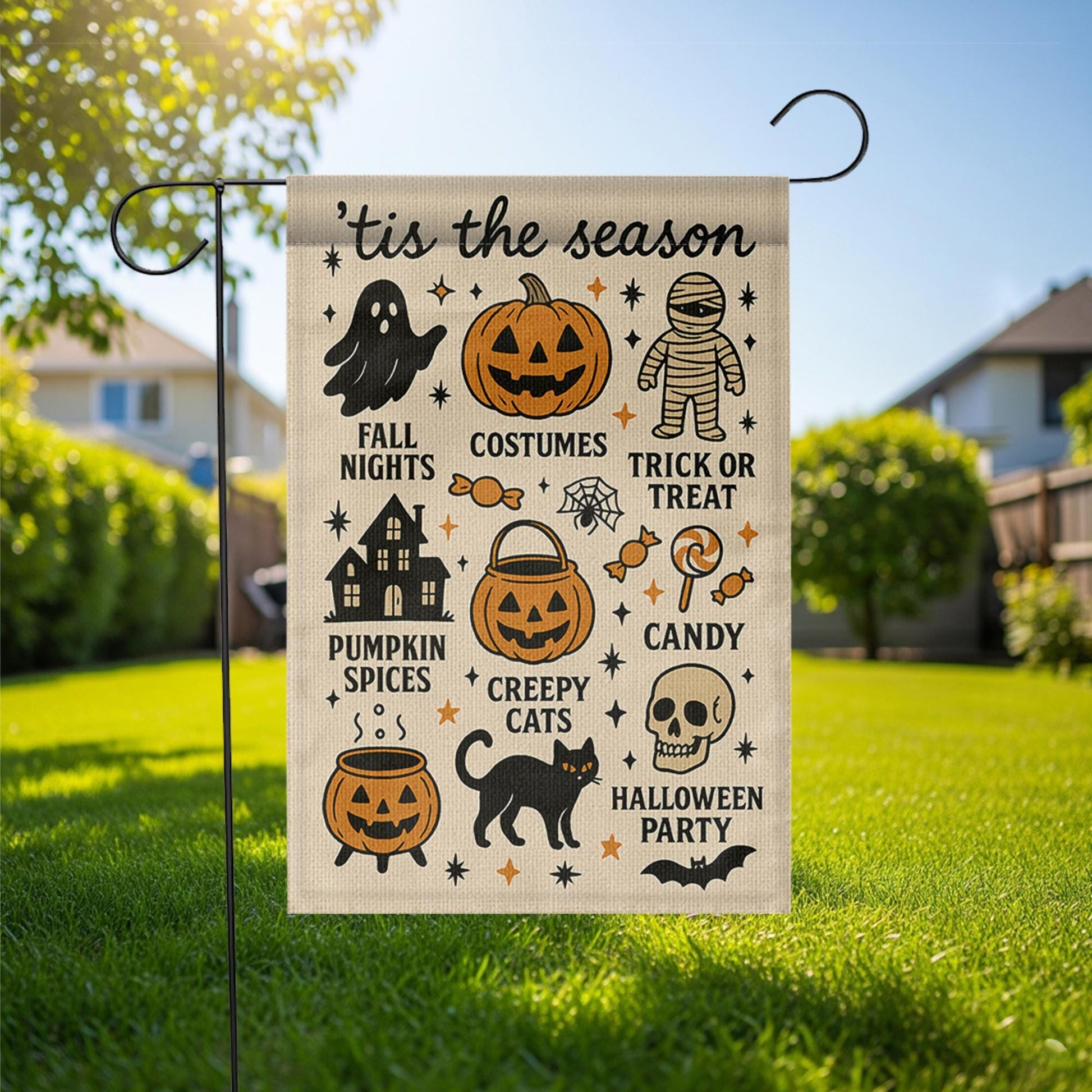 Halloween Garden Flag | 'Tis the Season Fall Yard Decor | Cute Spooky Outdoor Sign | Pumpkin Spice, Candy, Trick or Treat Lawn Banner