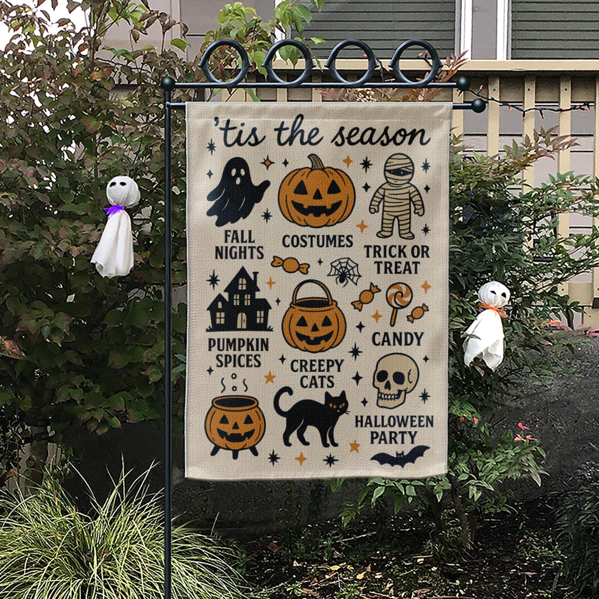 Halloween Garden Flag | 'Tis the Season Fall Yard Decor | Cute Spooky Outdoor Sign | Pumpkin Spice, Candy, Trick or Treat Lawn Banner