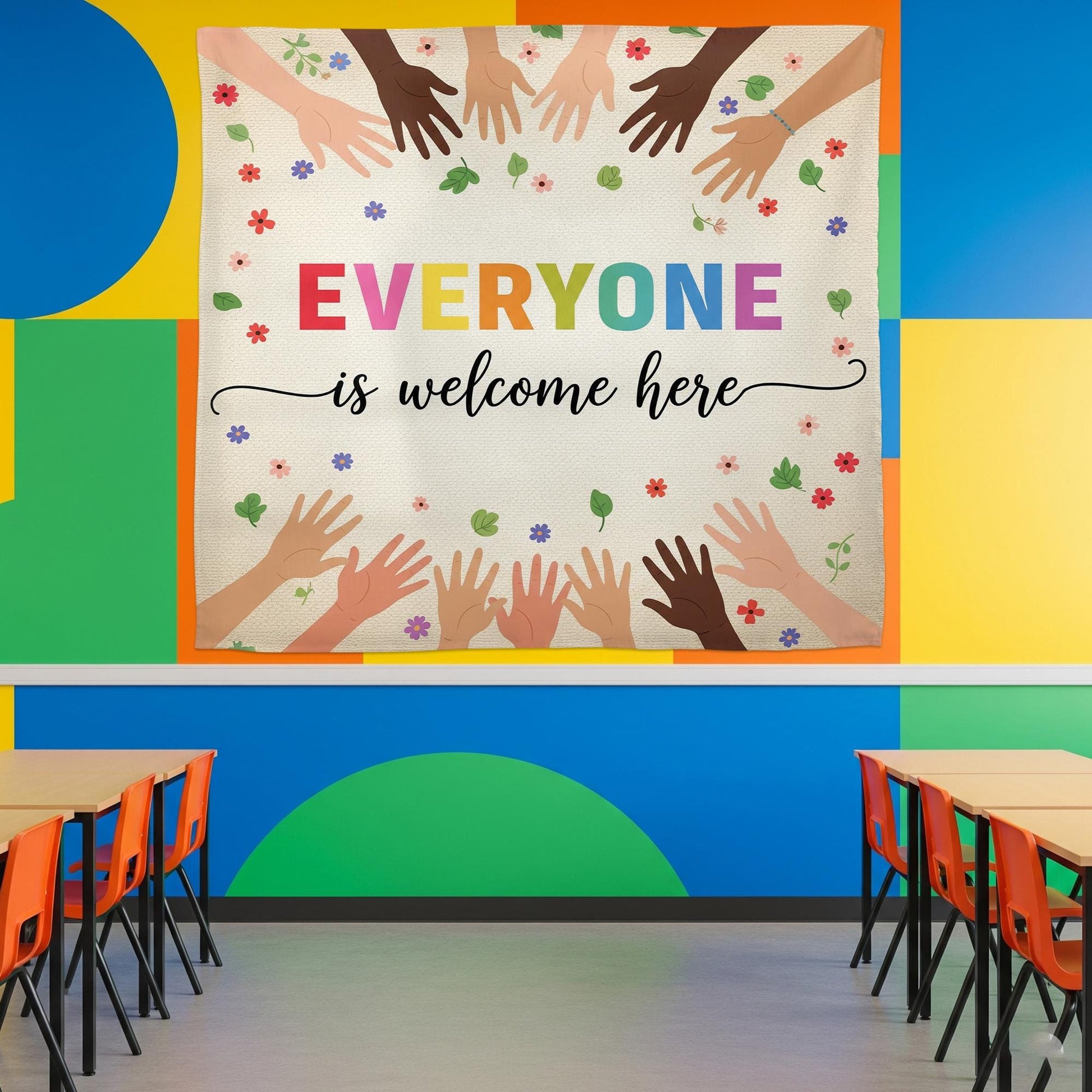 Everyone Is Welcome Here Classroom Tapestry – Diversity Wall Decor, Inclusive Teacher Poster, Multicultural Hands Back to School Banner
