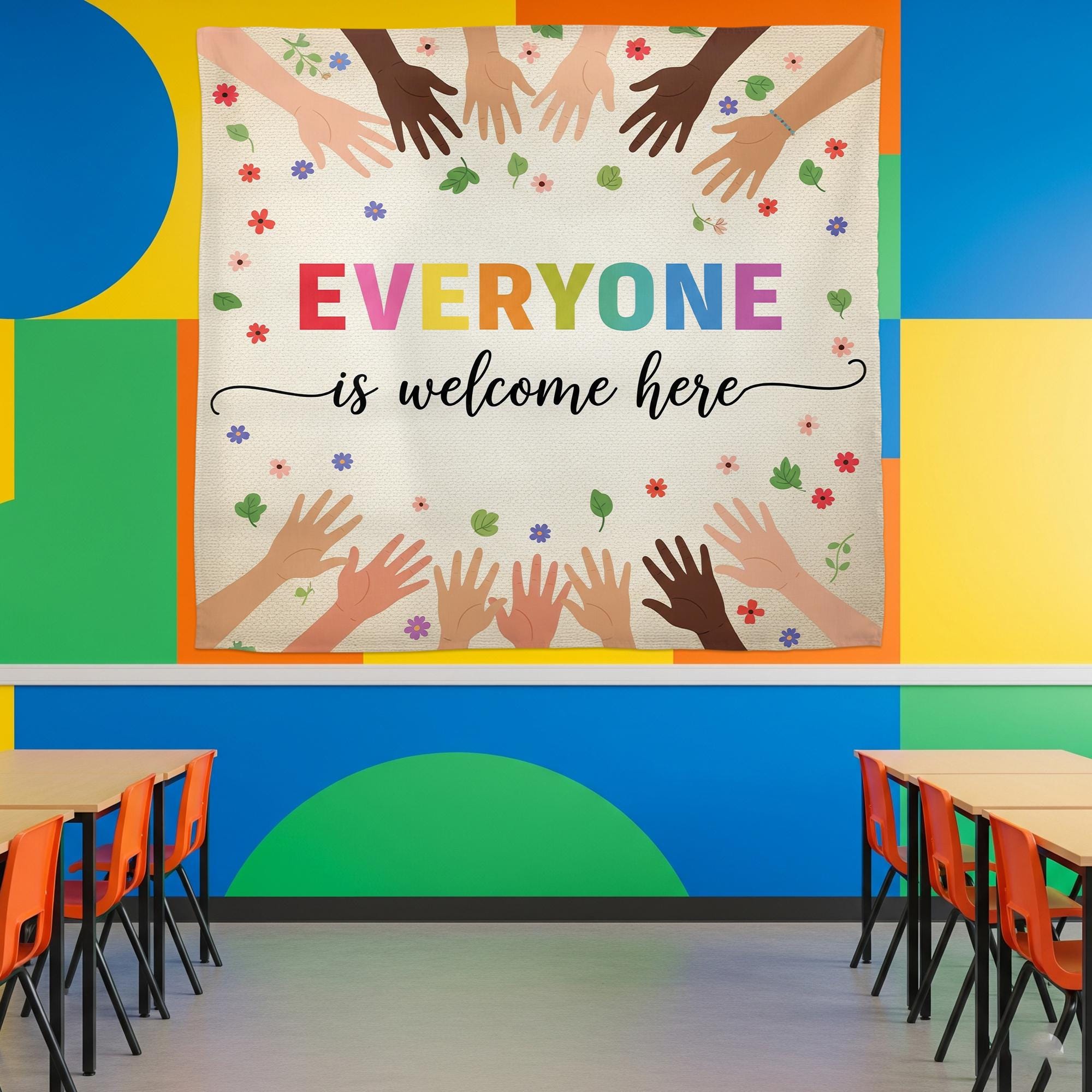 Everyone Is Welcome Here Classroom Tapestry – Diversity Wall Decor, Inclusive Teacher Poster, Multicultural Hands Back to School Banner