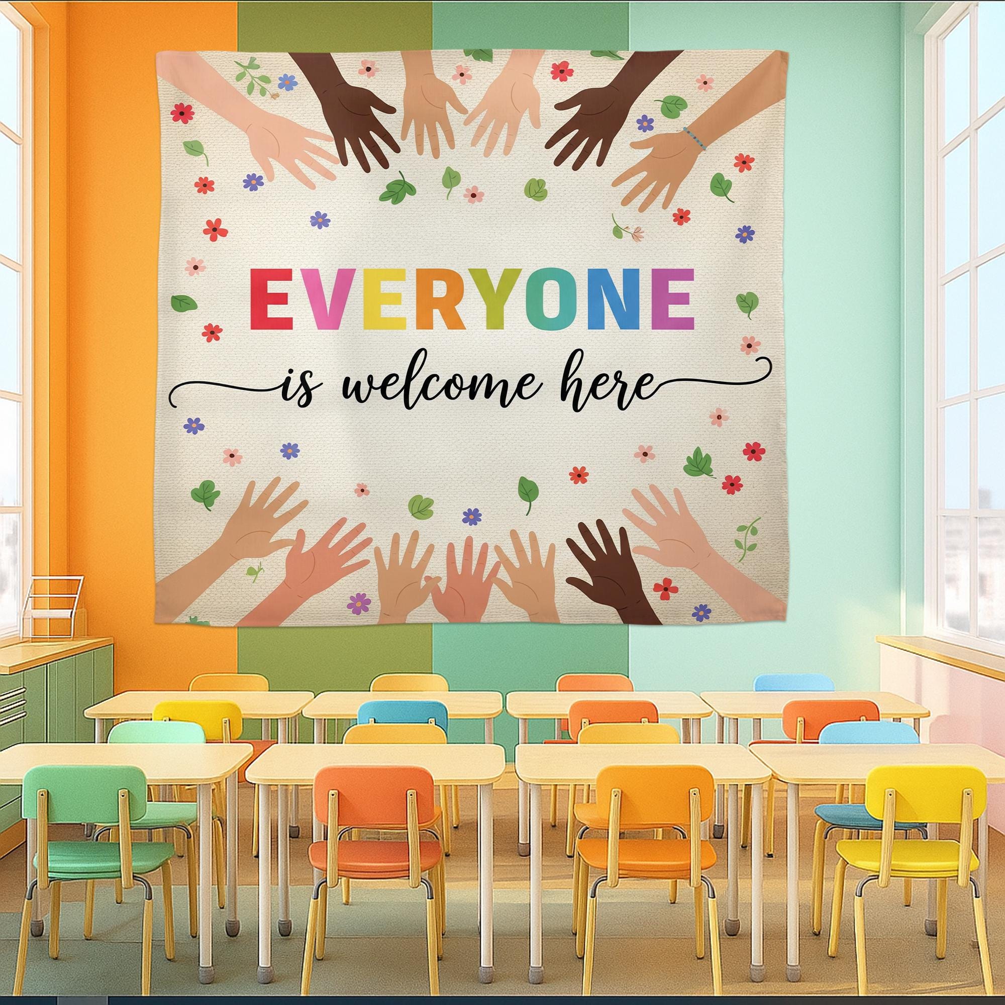 Everyone Is Welcome Here Classroom Tapestry – Diversity Wall Decor, Inclusive Teacher Poster, Multicultural Hands Back to School Banner