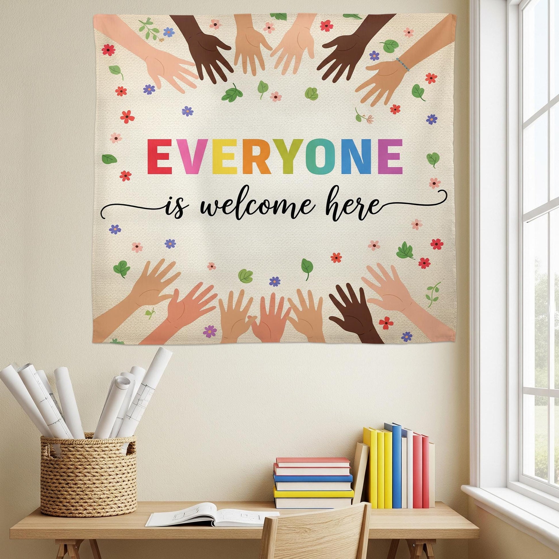 Everyone Is Welcome Here Classroom Tapestry – Diversity Wall Decor, Inclusive Teacher Poster, Multicultural Hands Back to School Banner