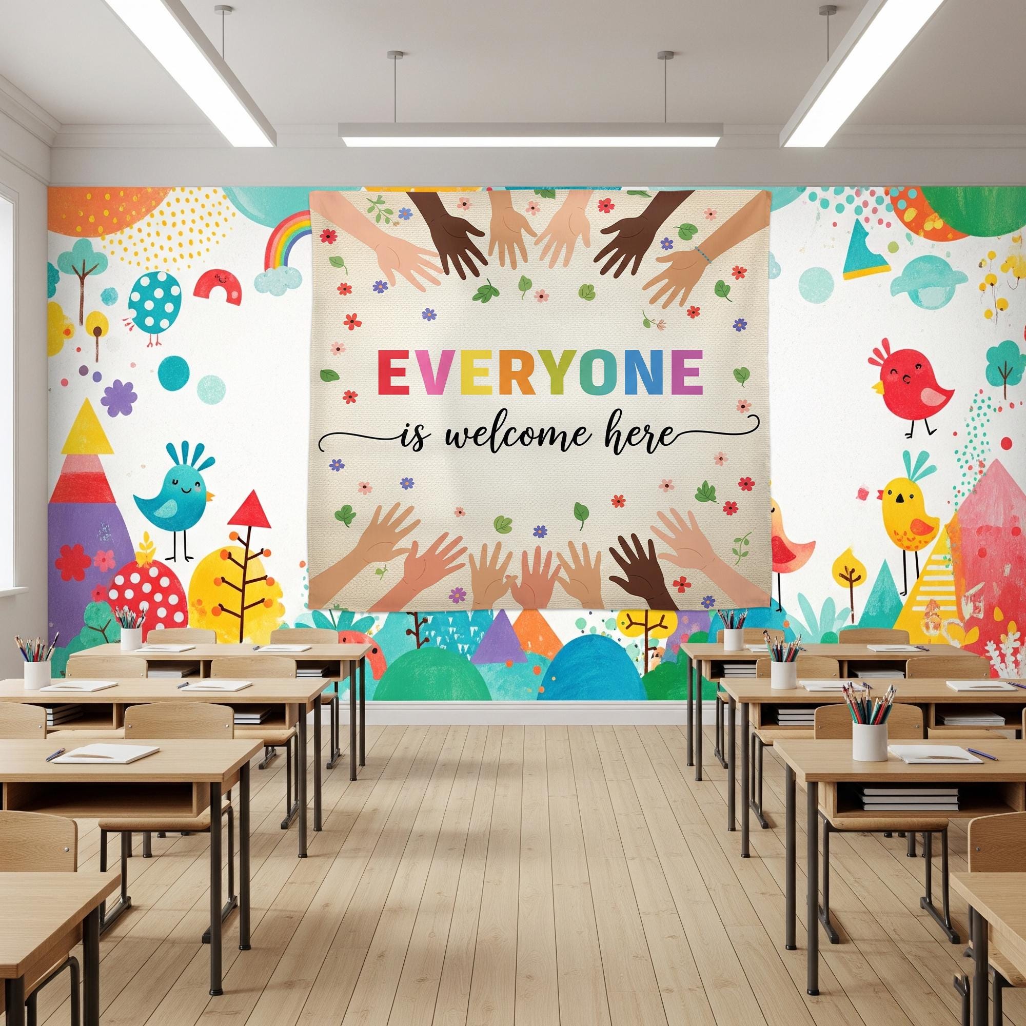Everyone Is Welcome Here Classroom Tapestry – Diversity Wall Decor, Inclusive Teacher Poster, Multicultural Hands Back to School Banner