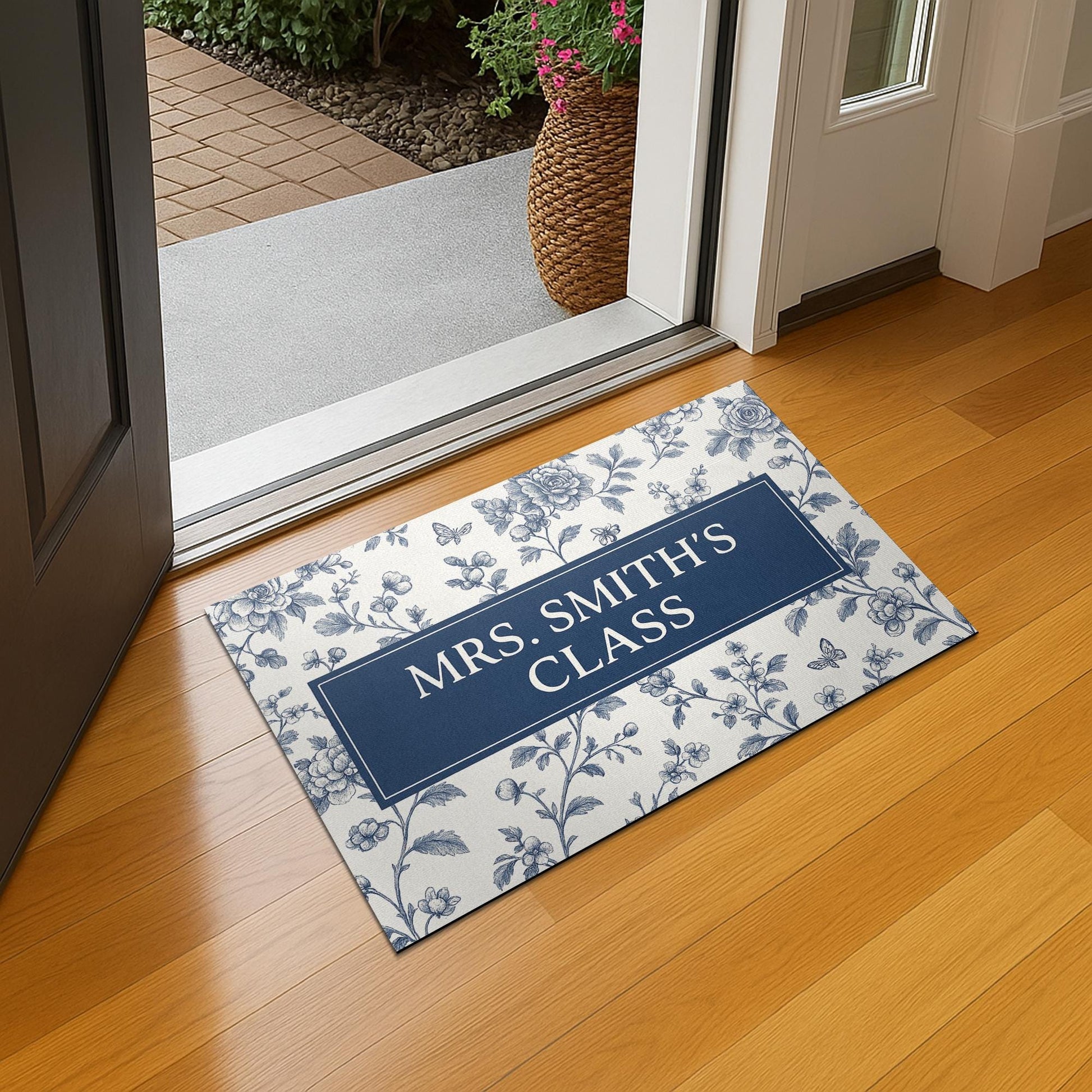 Personalized Teacher Doormat – Class Rug, Blue Floral Classroom Welcome Mat, Custom School Entry Decor for Teachers, Chinoiserie Flower Mat
