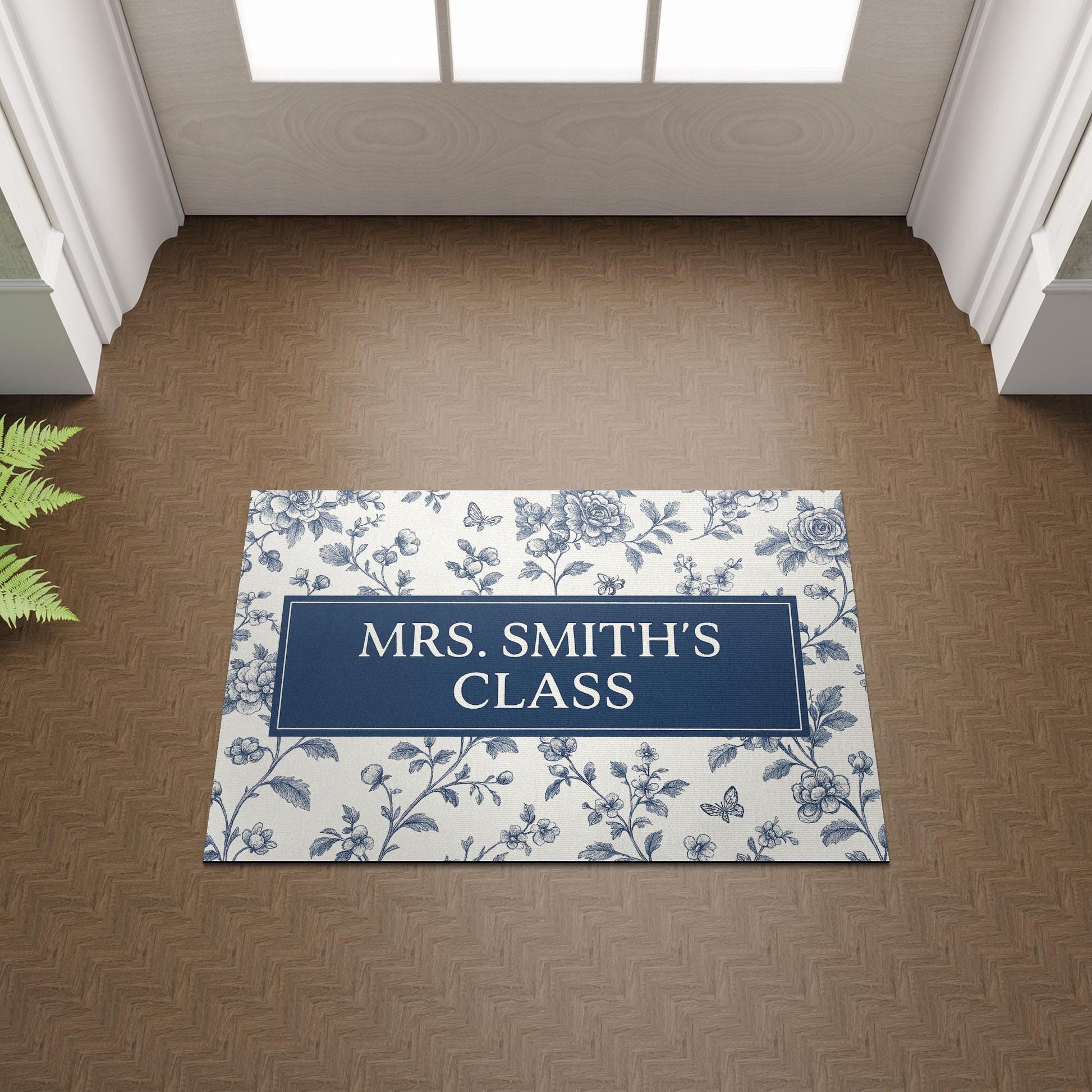 Personalized Teacher Doormat – Class Rug, Blue Floral Classroom Welcome Mat, Custom School Entry Decor for Teachers, Chinoiserie Flower Mat