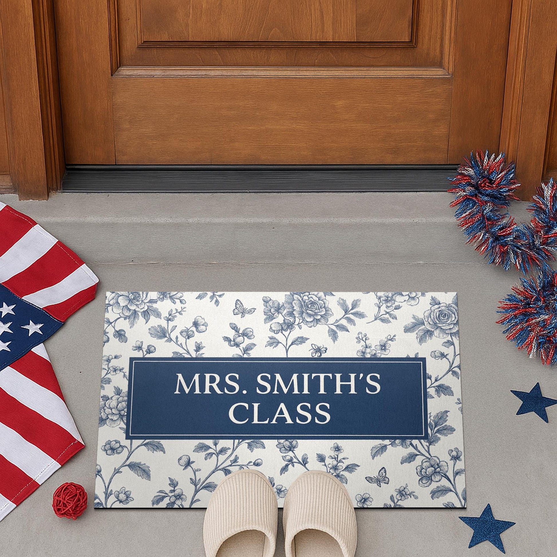 Personalized Teacher Doormat – Class Rug, Blue Floral Classroom Welcome Mat, Custom School Entry Decor for Teachers, Chinoiserie Flower Mat